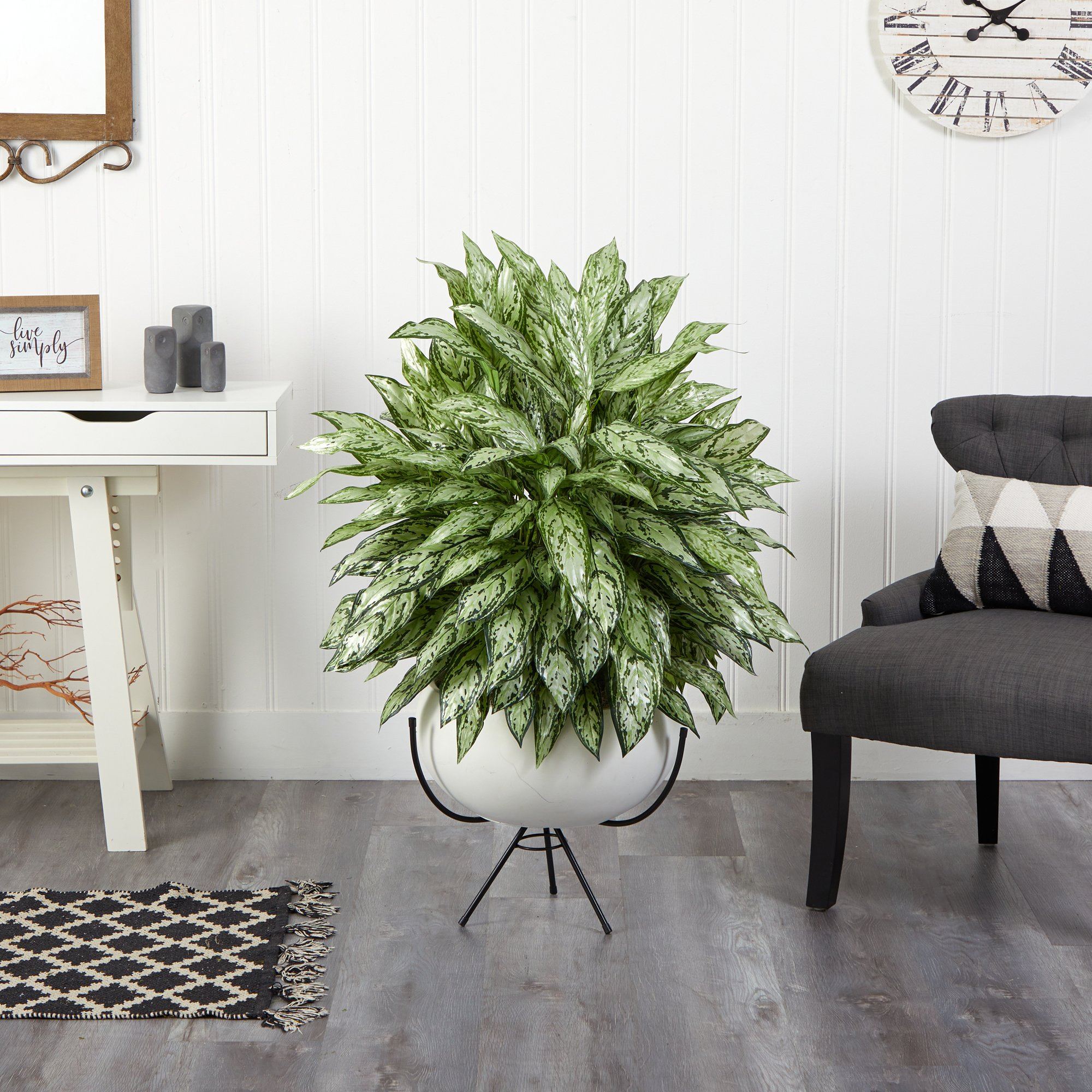 4’ Silver Queen Artificial Plant in White Planter with Metal Stand - Image 3