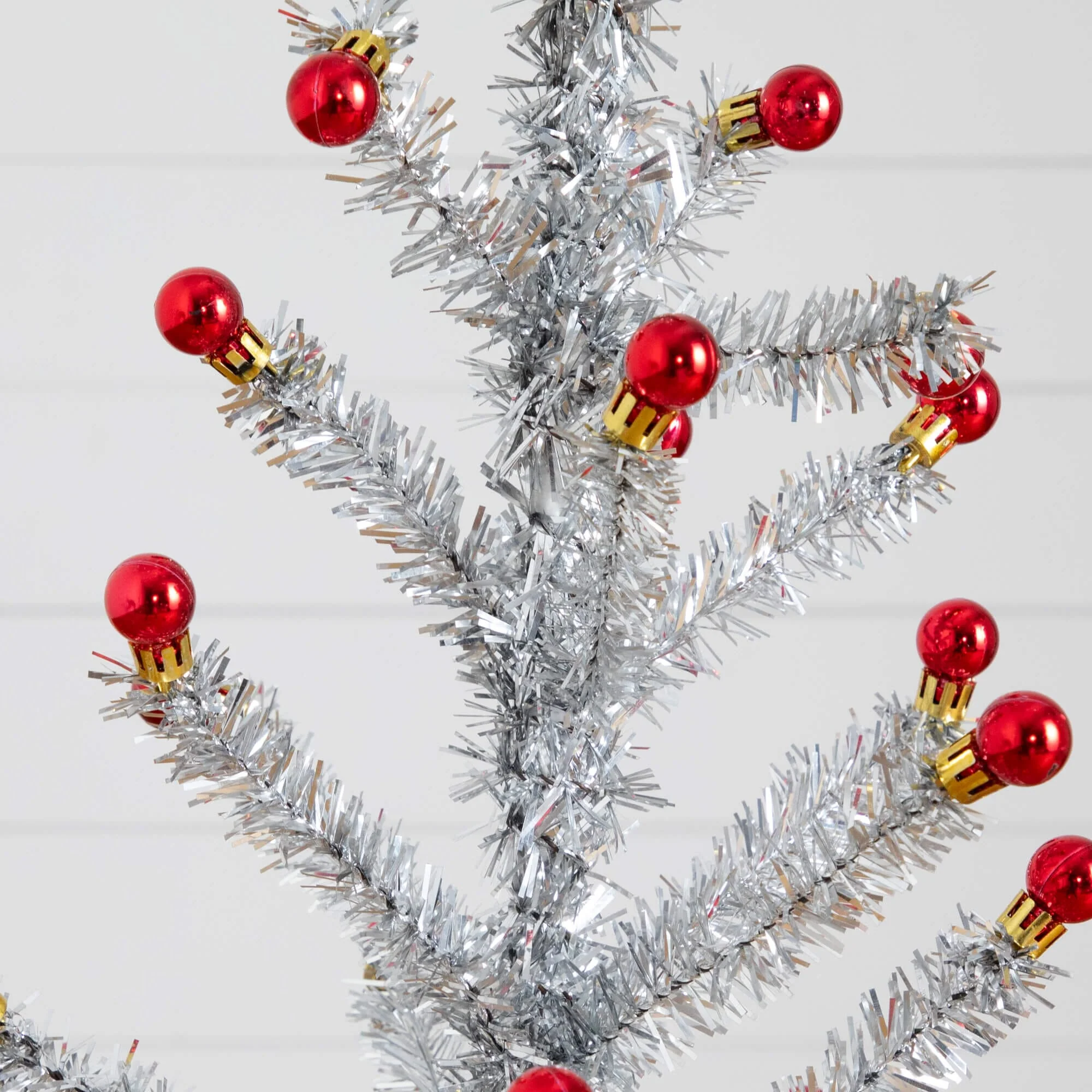 4' Artificial Retro Silver Tinsel  Christmas Tree with 50 Red Mini Ornament Balls and Wooden Base - Image 2