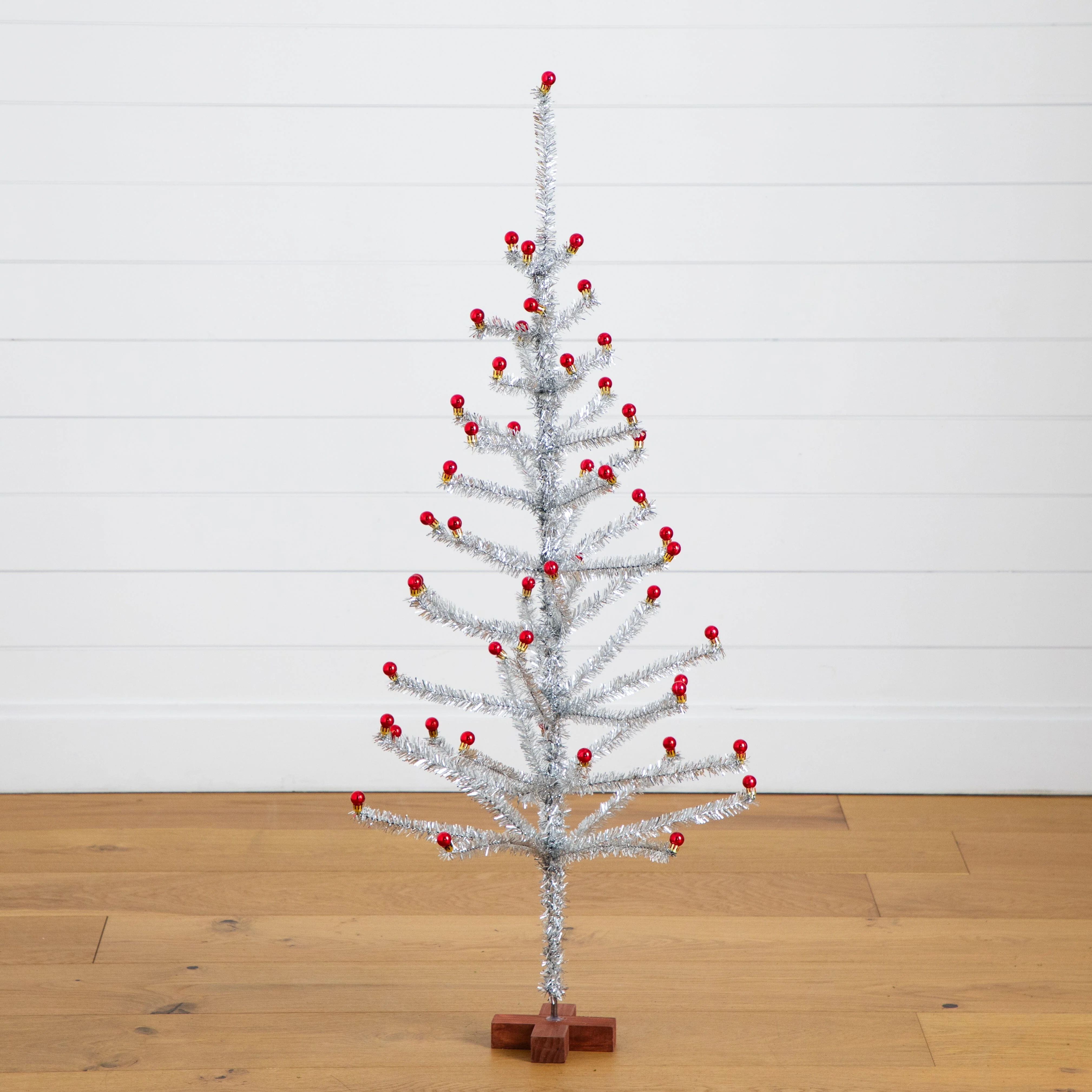 4' Artificial Retro Silver Tinsel  Christmas Tree with 50 Red Mini Ornament Balls and Wooden Base - Image 3