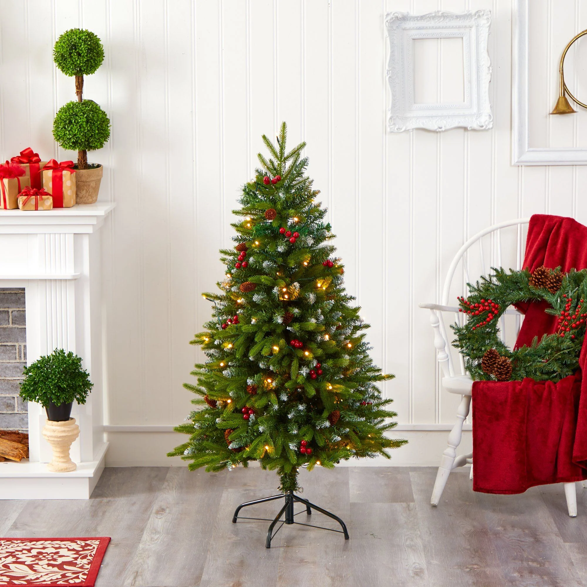 4' Snow Tipped Portland Spruce Artificial Christmas Tree with Frosted Berries and Pinecones with 100 Clear LED Lights - Image 5