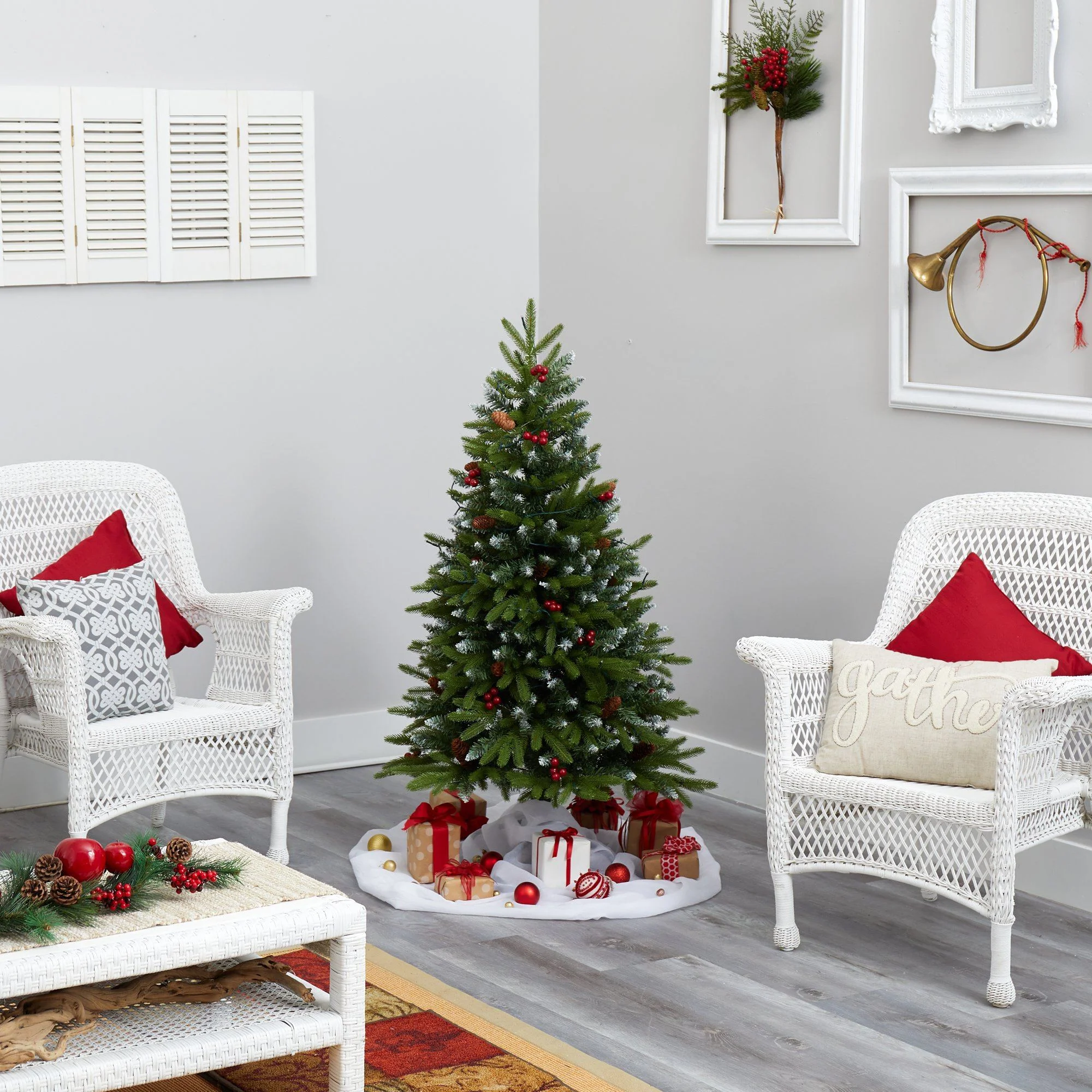 4' Snow Tipped Portland Spruce Artificial Christmas Tree with Frosted Berries and Pinecones with 100 Clear LED Lights - Image 7