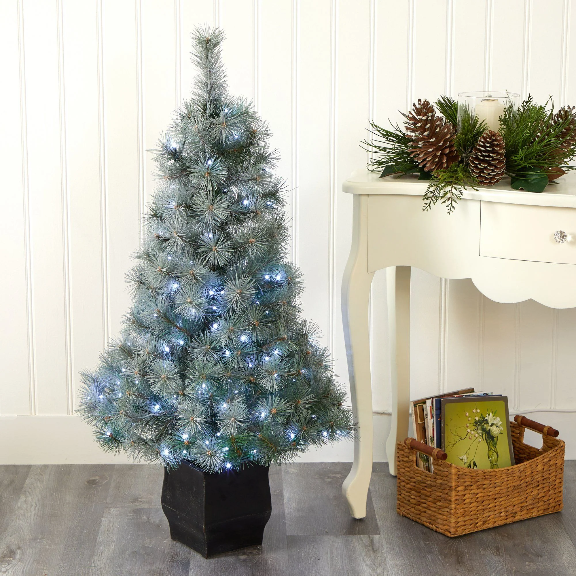 4' Snowy Mountain Pine Artificial Christmas Tree with 150 LED Lights and Decorative Planter - Image 8