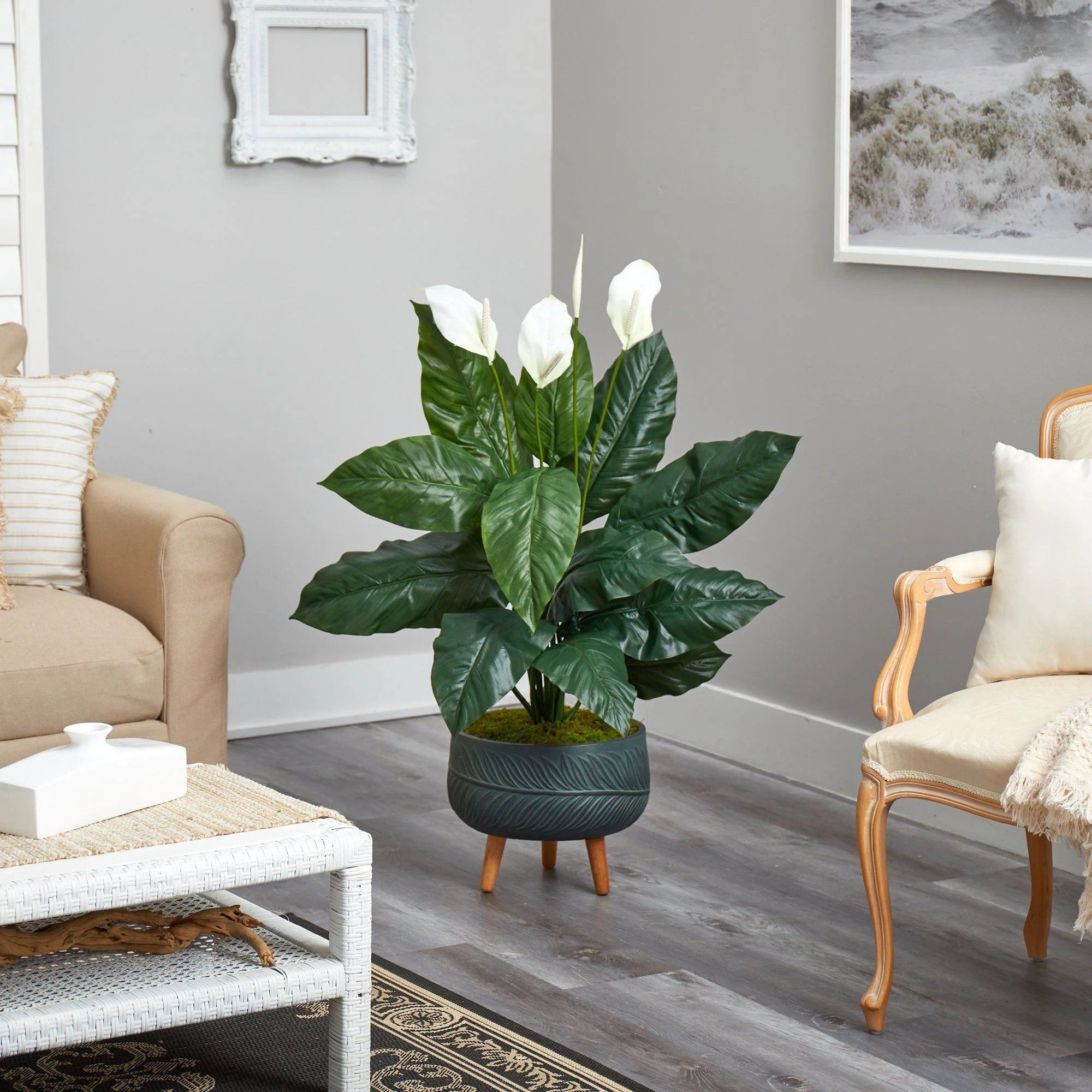 4’ Spathiphyllum Artificial Plant in Black Planter with Stand - Image 4