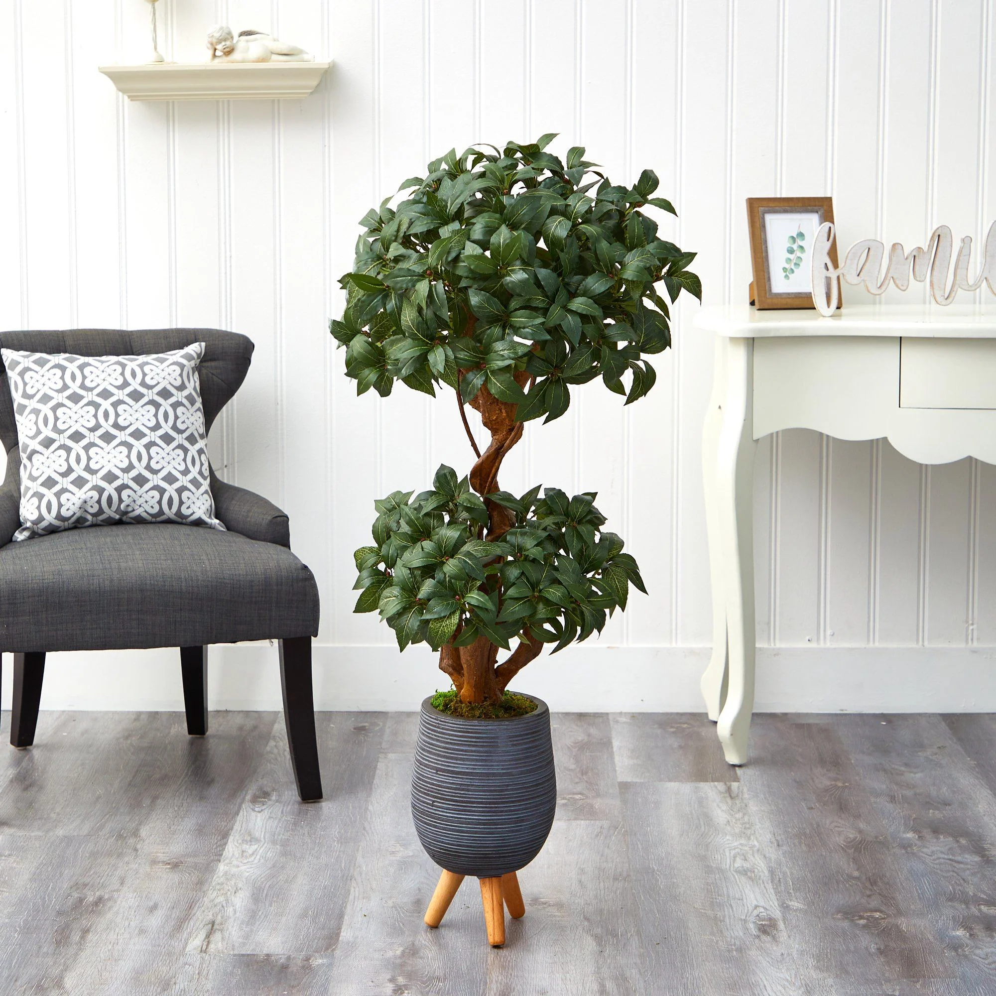 4’ Sweet Bay Double Ball Topiary Artificial Tree in Gray Planter with Stand - Image 4