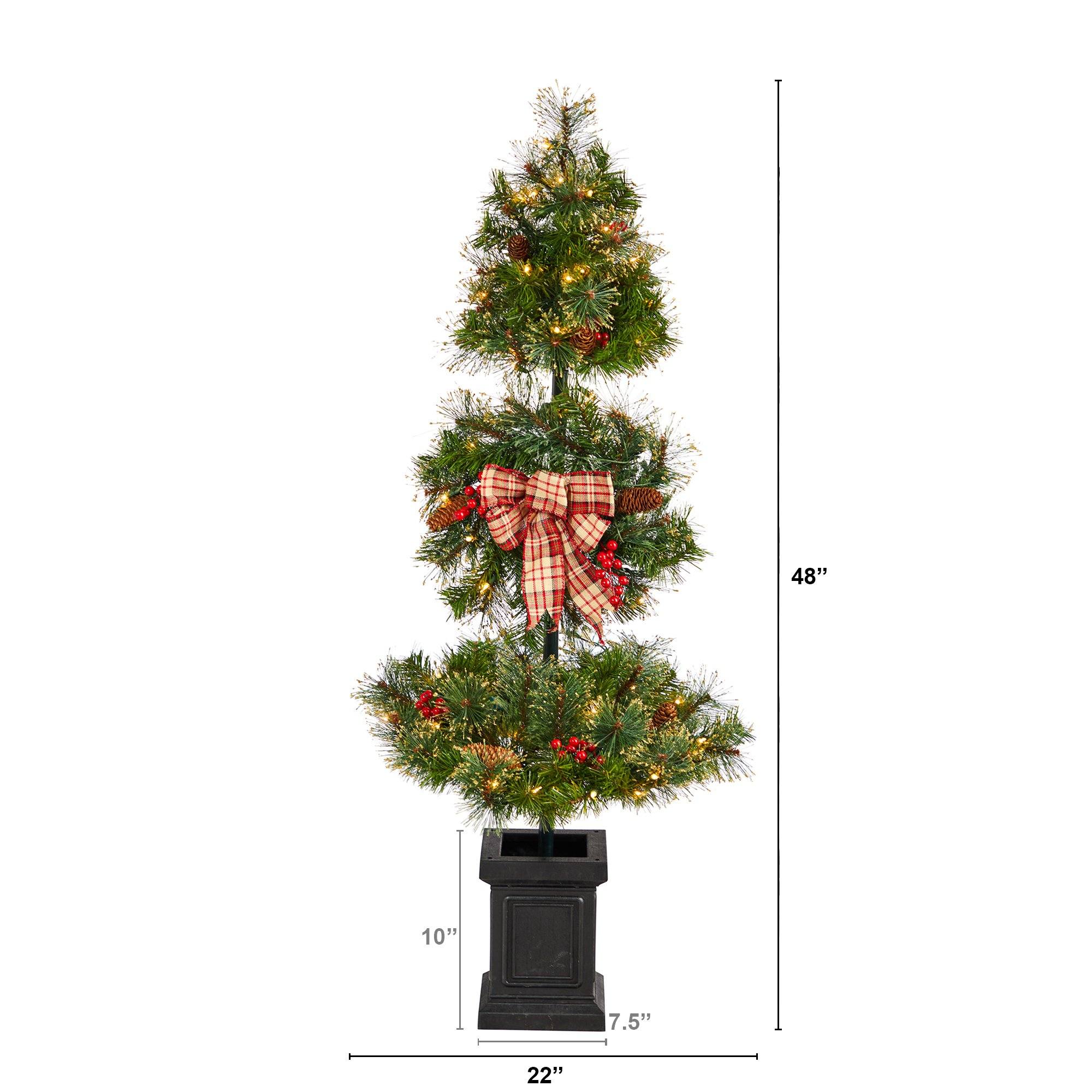 4’ Topiary Tree with Decorative Ribbon, Berries, 70 Clear LED Lights and 109 Branches in Planter - Image 2