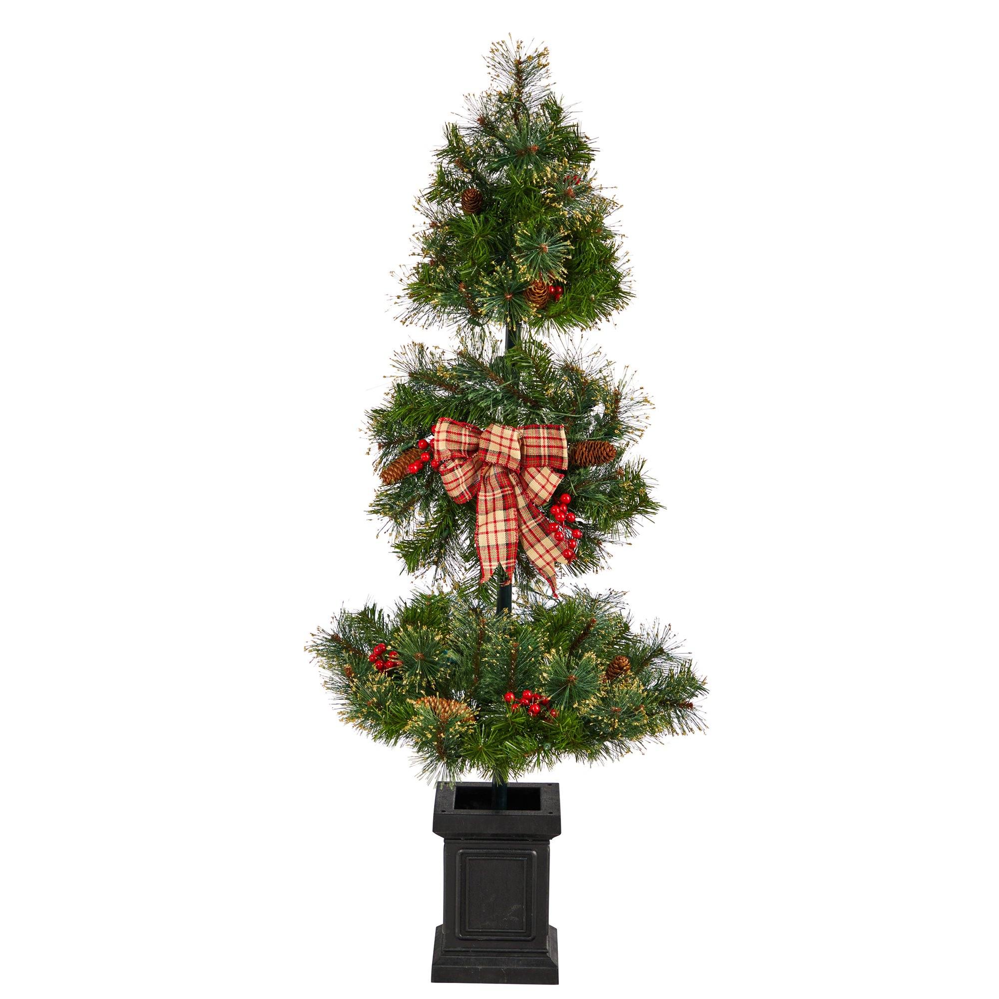 4’ Topiary Tree with Decorative Ribbon, Berries, 70 Clear LED Lights and 109 Branches in Planter - Image 3