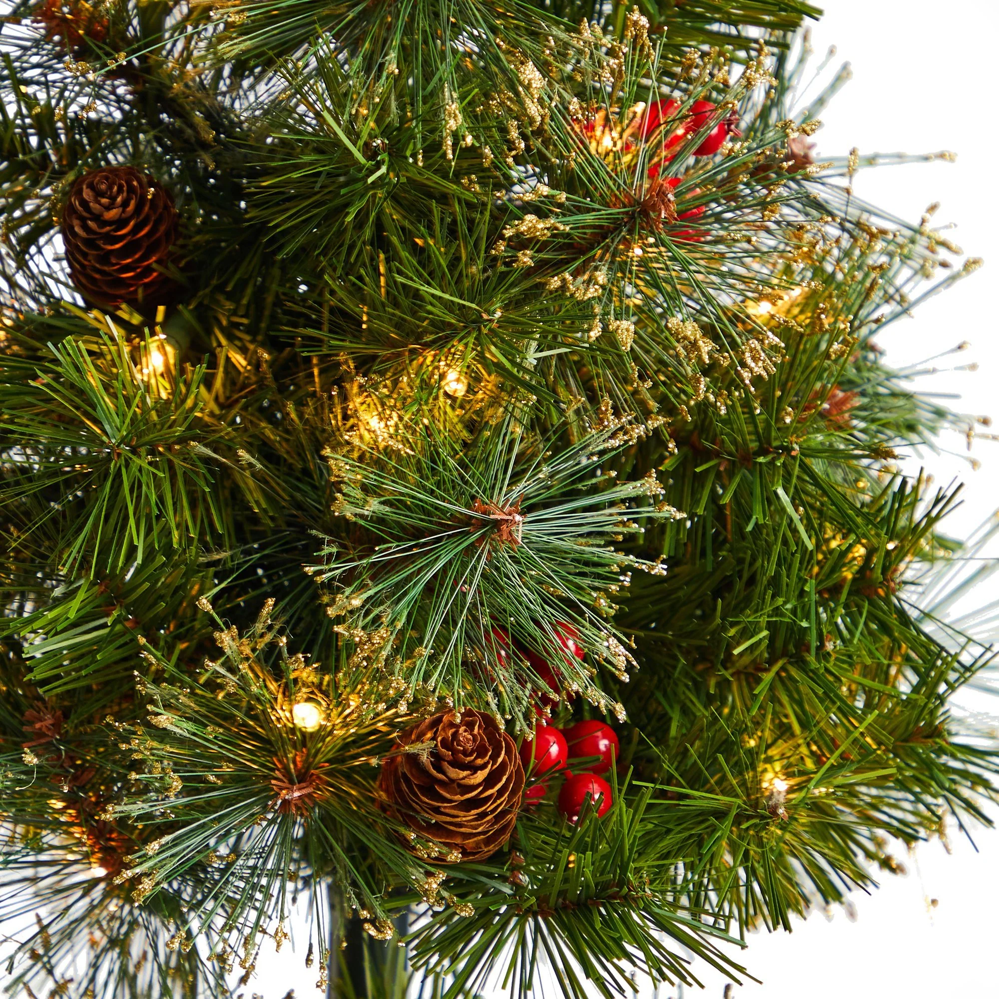 4’ Topiary Tree with Decorative Ribbon, Berries, 70 Clear LED Lights and 109 Branches in Planter - Image 4