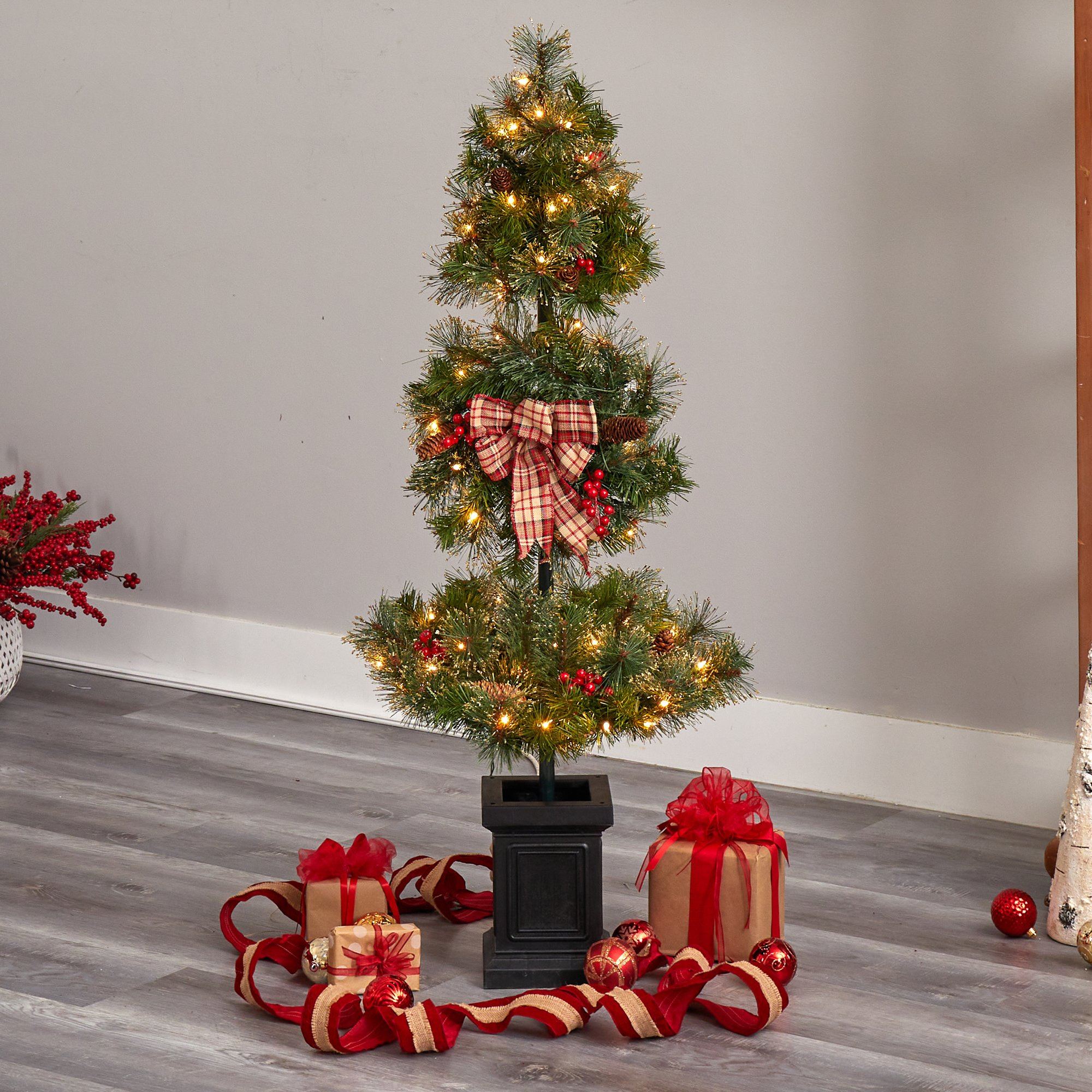 4’ Topiary Tree with Decorative Ribbon, Berries, 70 Clear LED Lights and 109 Branches in Planter - Image 7