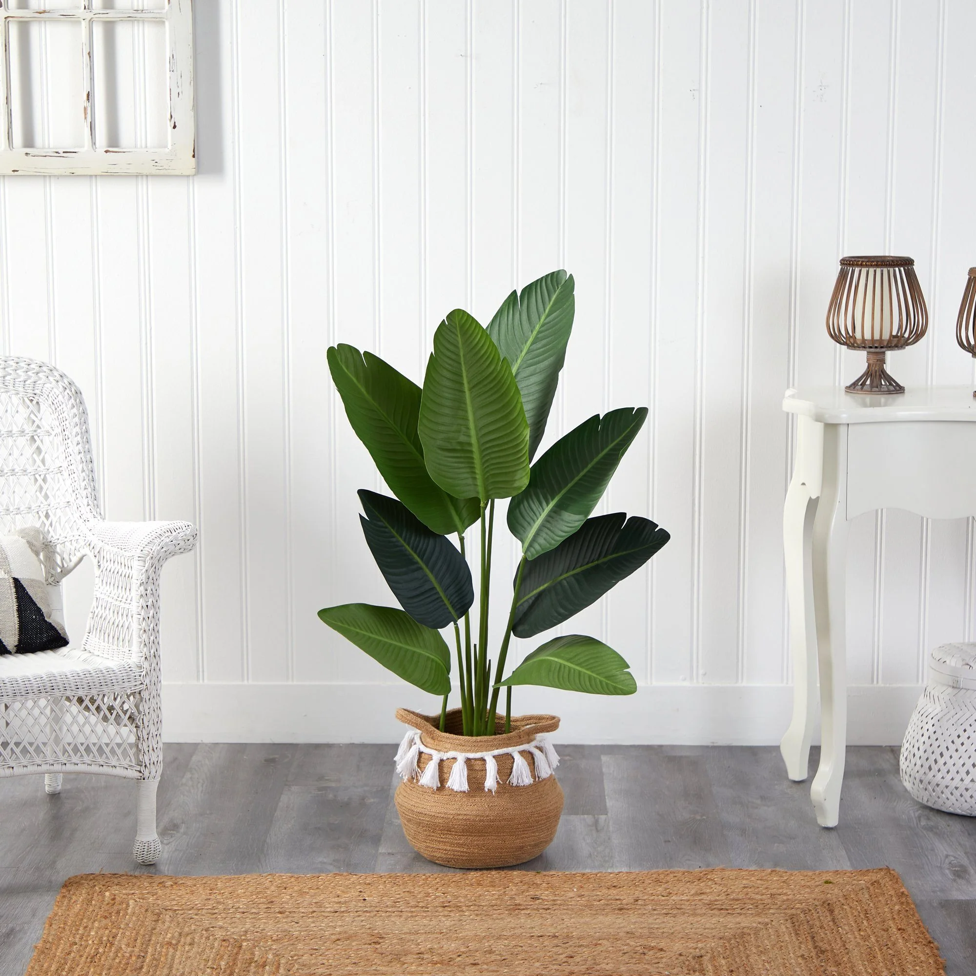 4’ Travelers Palm Artificial Tree in Boho Chic Handmade Natural Cotton Woven Planter with Tassels - Image 3