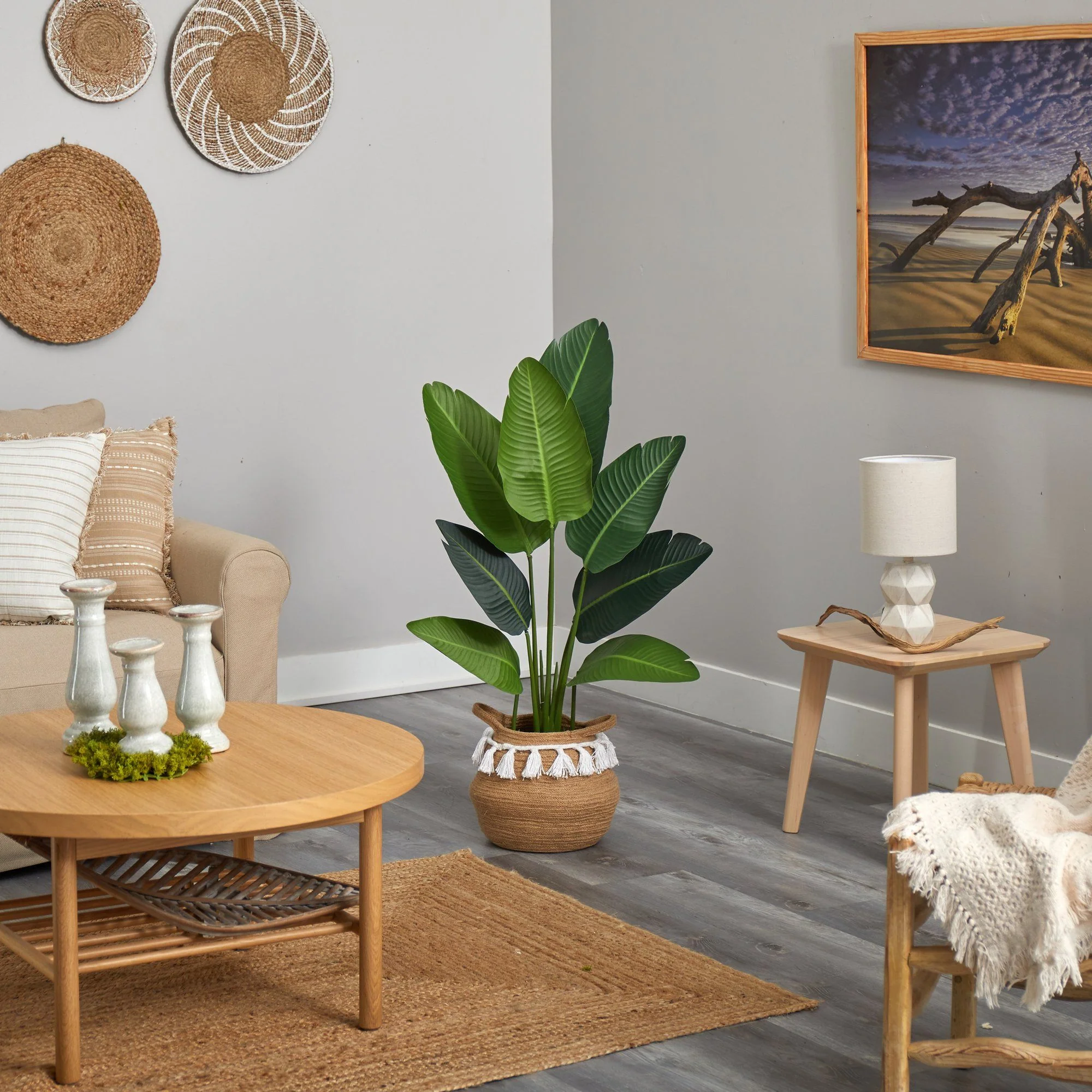 4’ Travelers Palm Artificial Tree in Boho Chic Handmade Natural Cotton Woven Planter with Tassels - Image 4