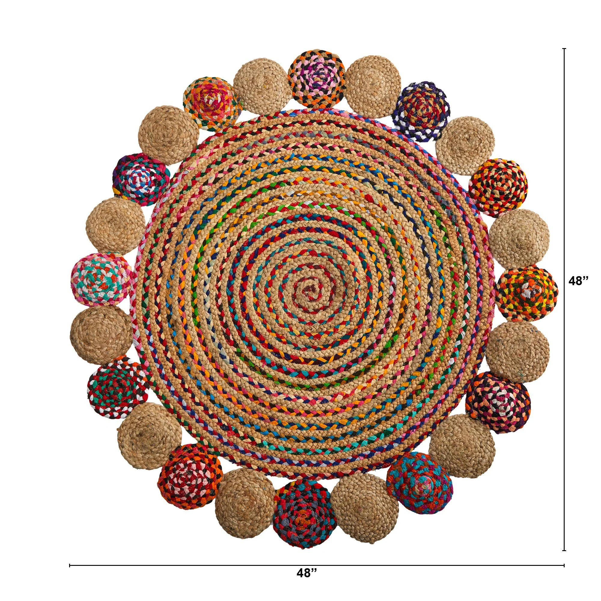 4’ x 4’ Hand Braided Colorful Chindi Jute Mandala Round Rug - Image 2