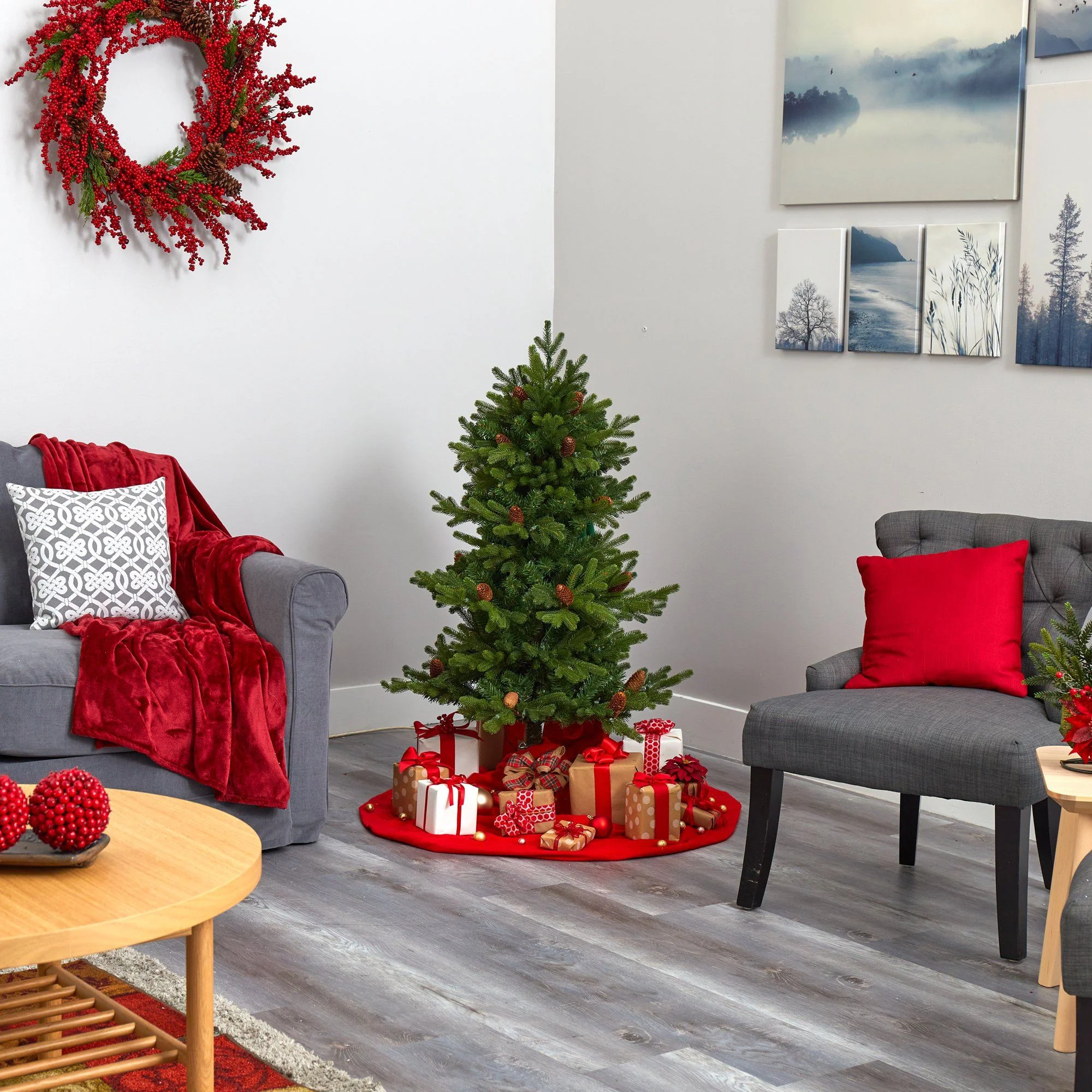 4’ Yukon Mountain Fir Artificial Christmas Tree with 100 Clear Lights, Pine Cones and 386 Bendable Branches - Image 7