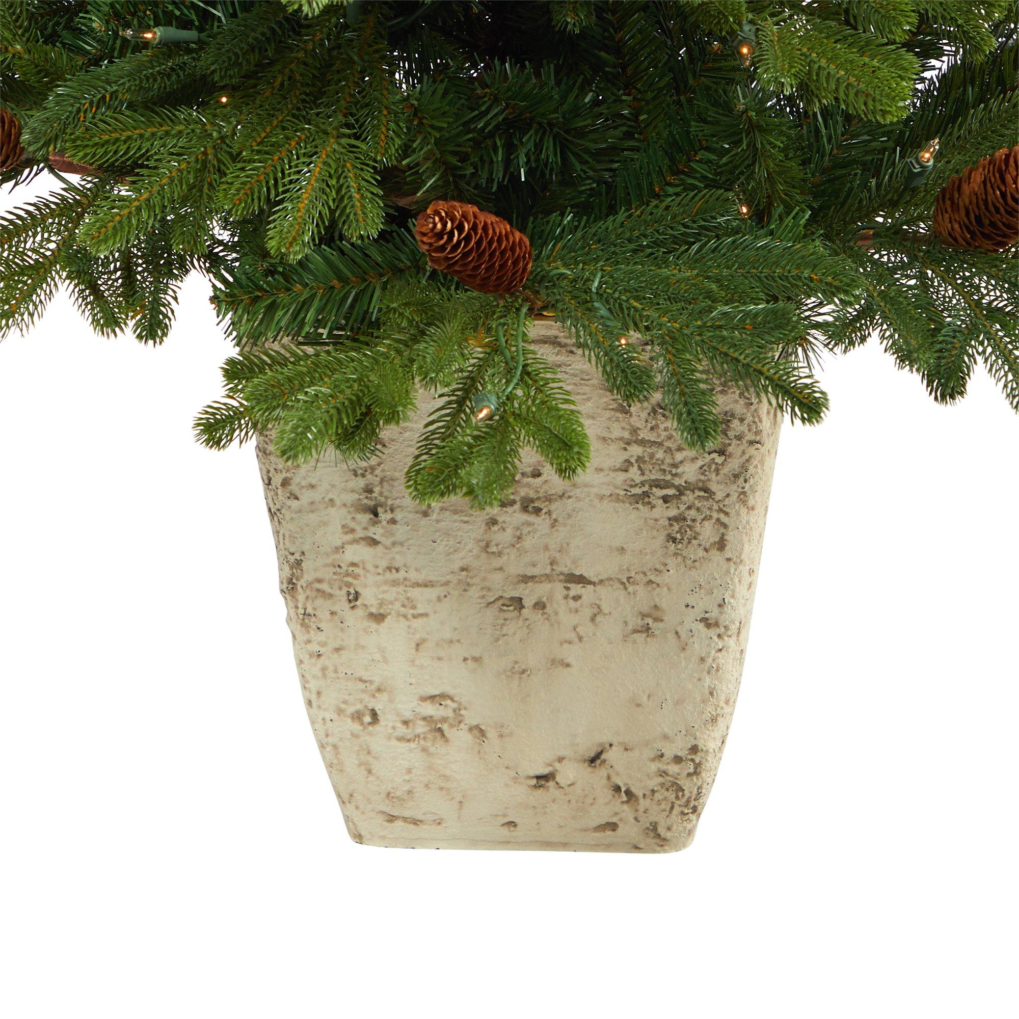 4’ Yukon Mountain Fir Artificial Christmas Tree with 100 Clear Lights, Pine Cones and 386 Bendable Branches in Country White Planter - Image 6