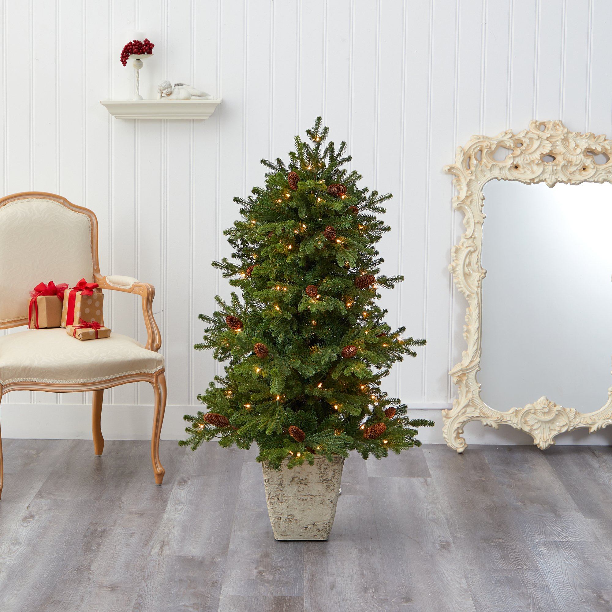 4’ Yukon Mountain Fir Artificial Christmas Tree with 100 Clear Lights, Pine Cones and 386 Bendable Branches in Country White Planter - Image 7