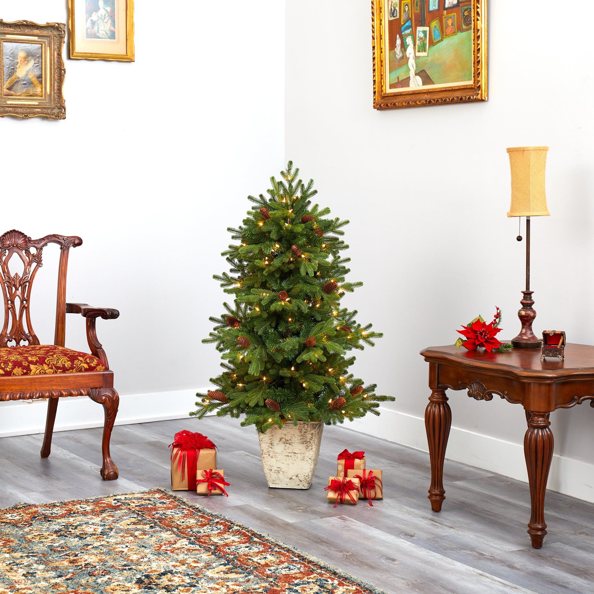 4’ Yukon Mountain Fir Artificial Christmas Tree with 100 Clear Lights, Pine Cones and 386 Bendable Branches in Country White Planter - Image 8