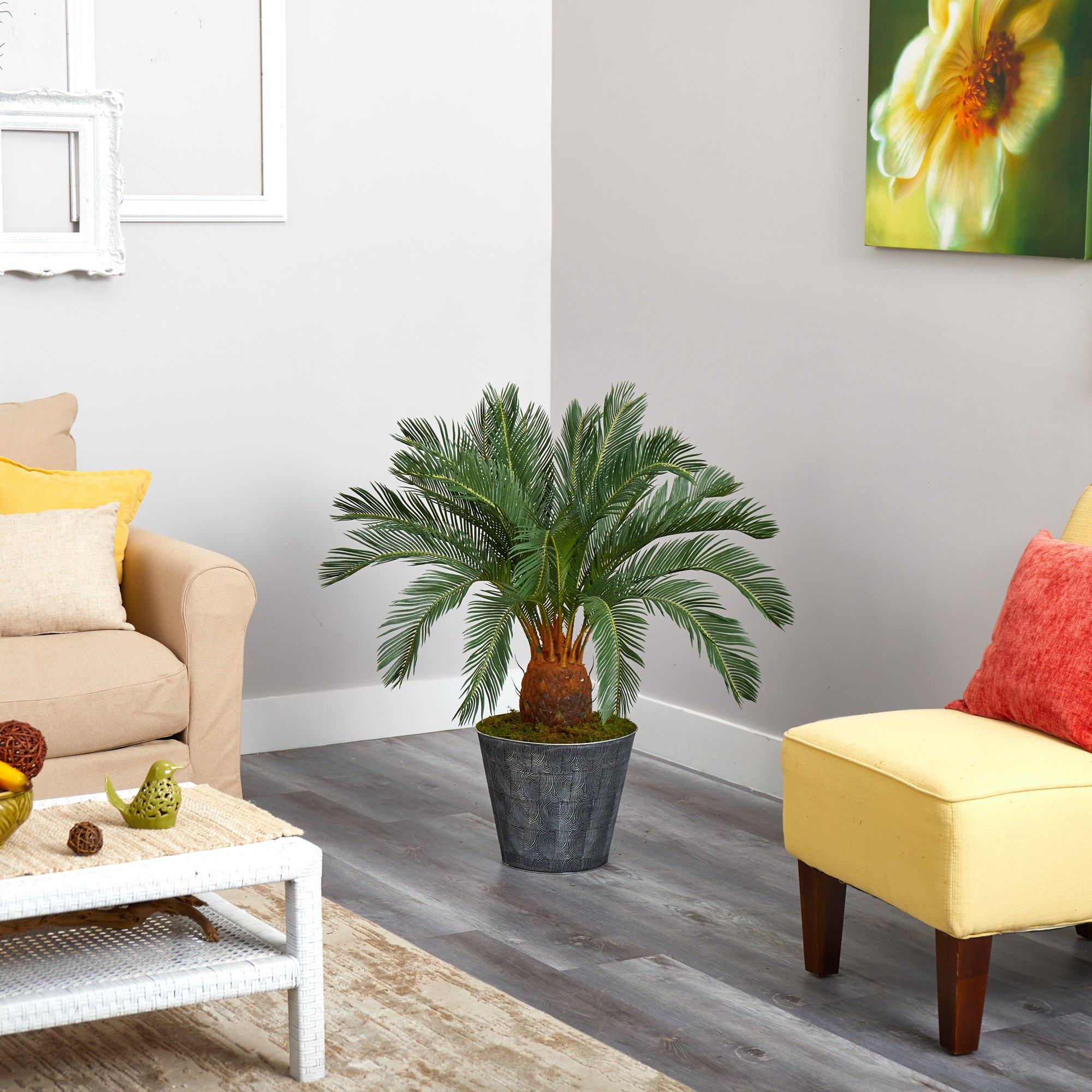 40” Cycas Artificial Tree in Black Embossed Tin Planter - Image 2