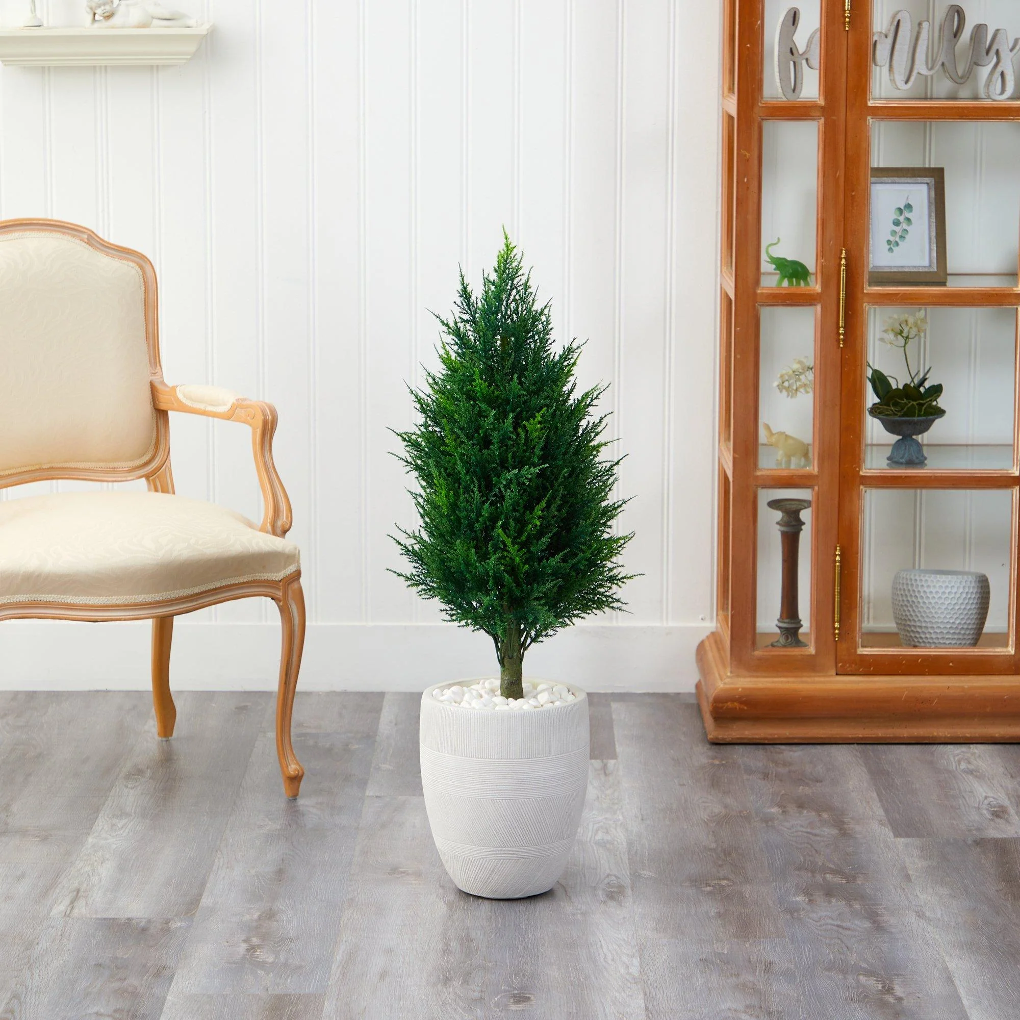 40” Cypress Tower Artificial Tree in White Planter (Indoor/Outdoor) - Image 3
