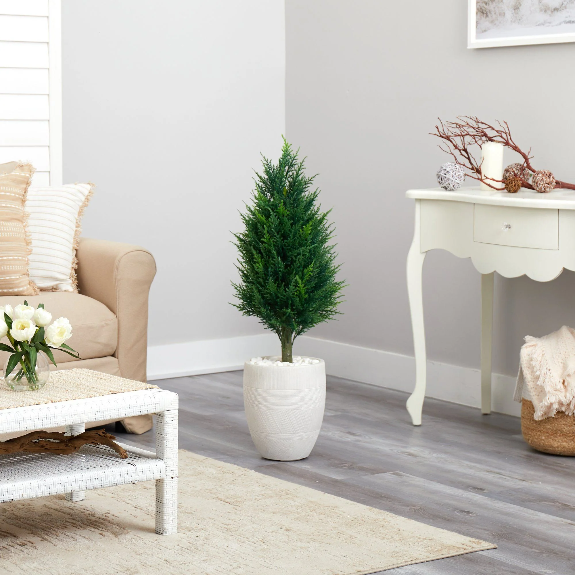 40” Cypress Tower Artificial Tree in White Planter (Indoor/Outdoor) - Image 4