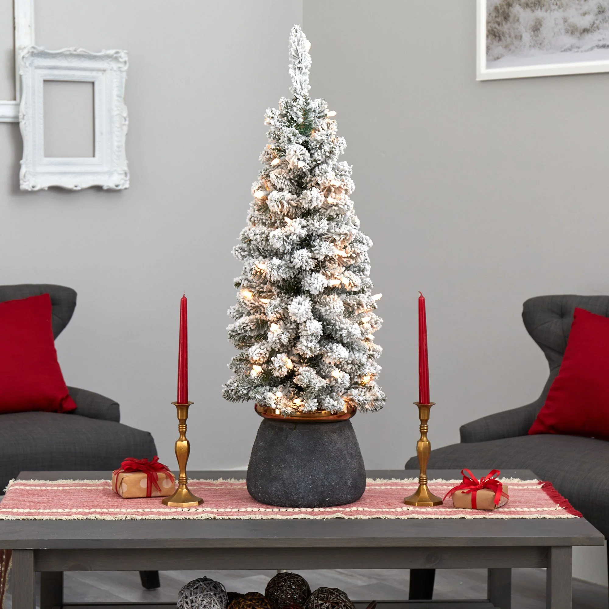 40” Flocked Pencil Artificial Christmas Tree with 50 Clear Lights and 132 Bendable Branches in Planter with Brass Trimming - Image 8