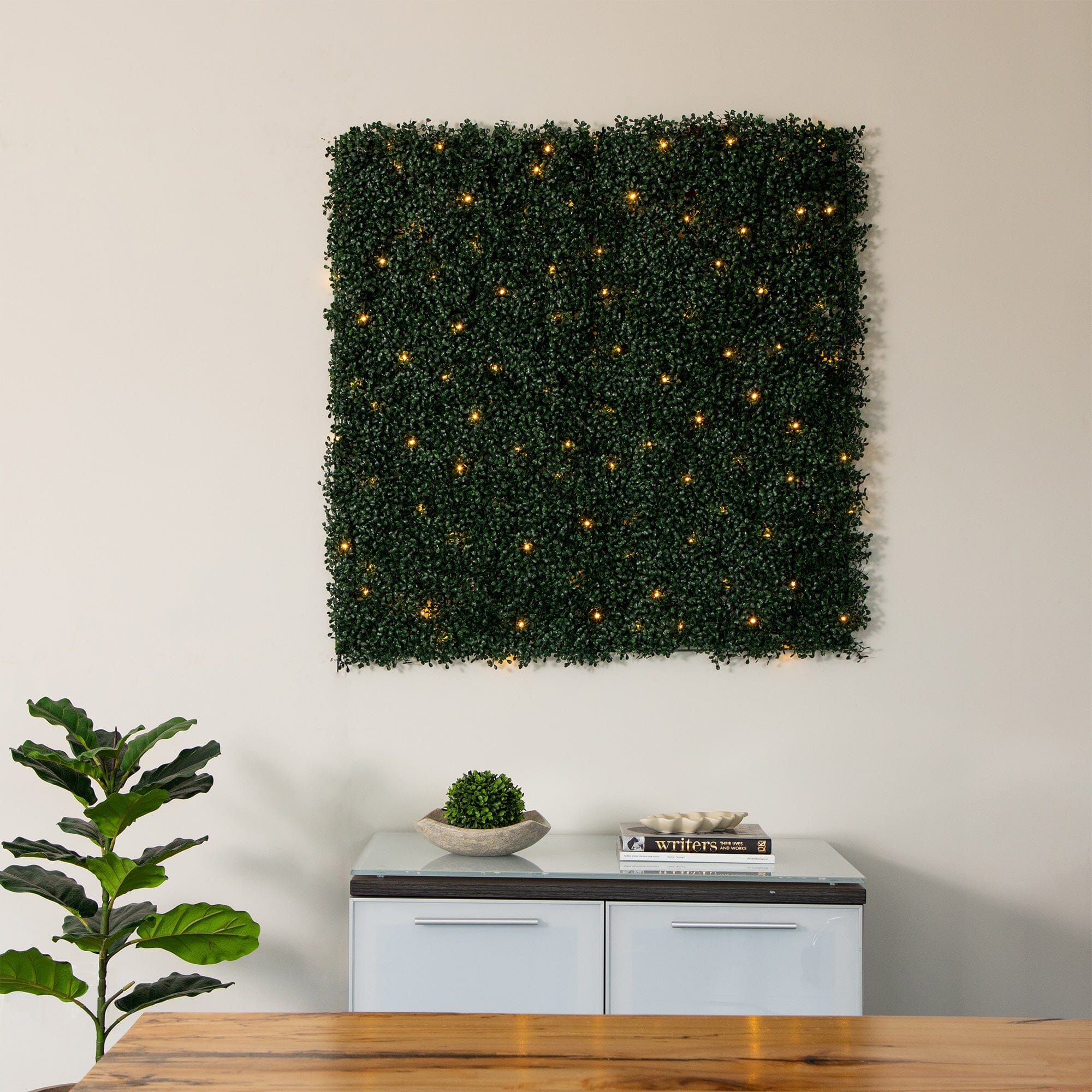 40” x 40” UV Resistant Boxwood Artificial Living Wall Panel with 100 Warm White LED Lights - Image 5