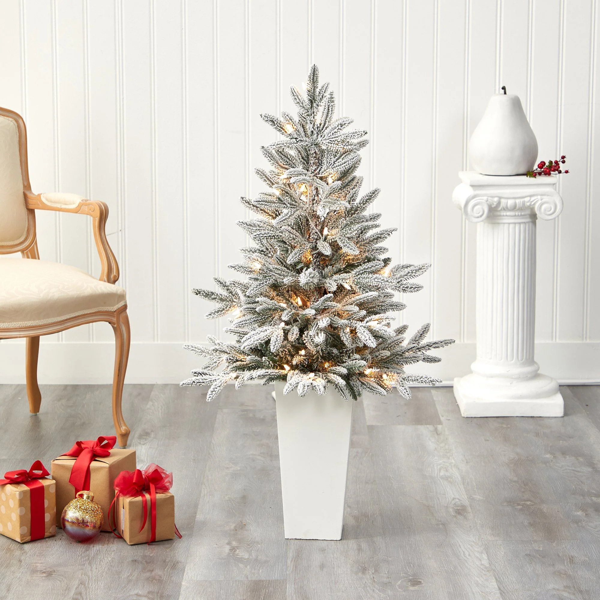 44” Flocked Manchester Spruce Artificial Christmas Tree with 50 Lights and 133 Bendable Branches in White Planter - Image 7