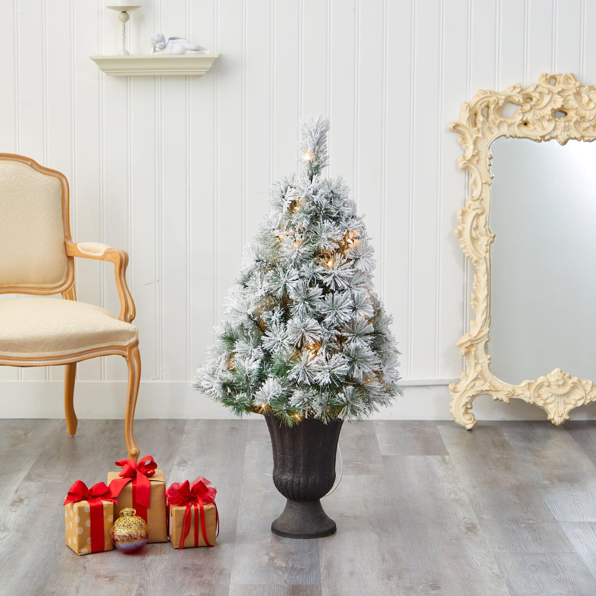 44” Flocked Oregon Pine Artificial Christmas Tree with 50 Clear Lights and 113 Bendable Branches in Charcoal Planter - Image 7