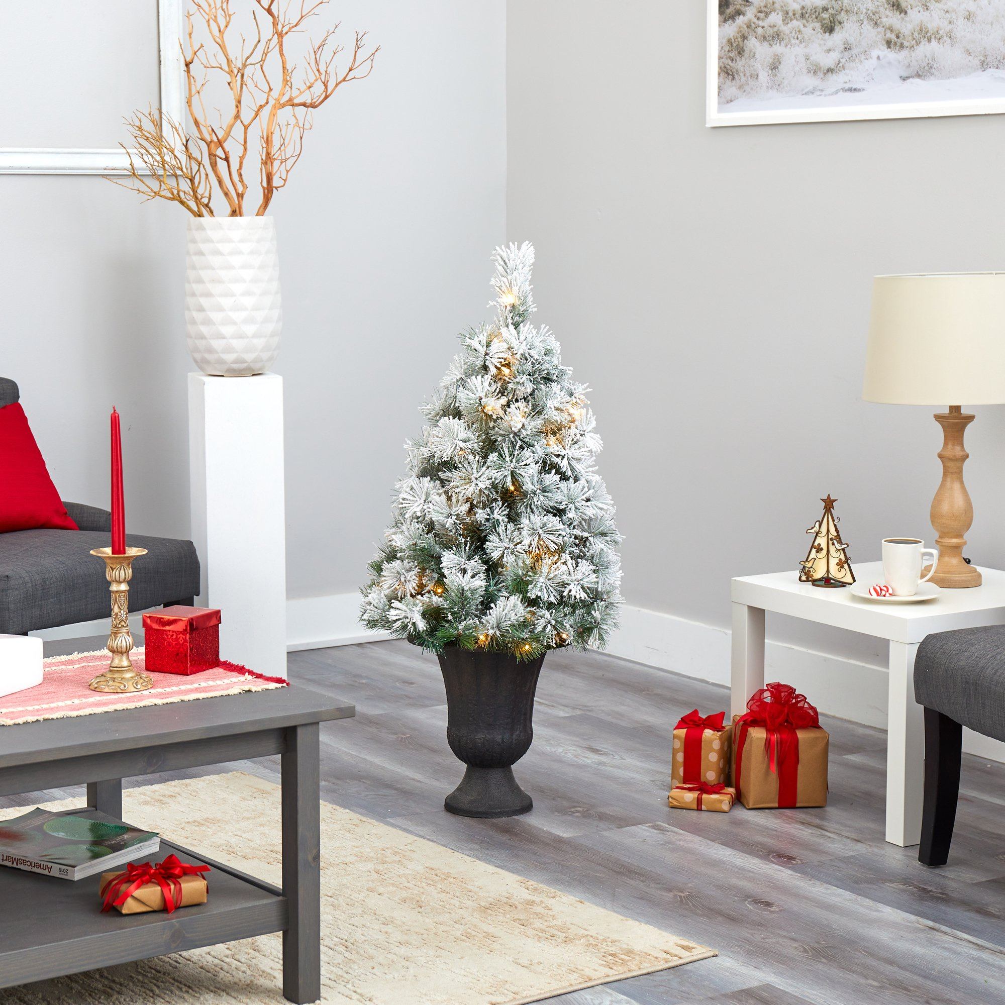 44” Flocked Oregon Pine Artificial Christmas Tree with 50 Clear Lights and 113 Bendable Branches in Charcoal Planter - Image 8