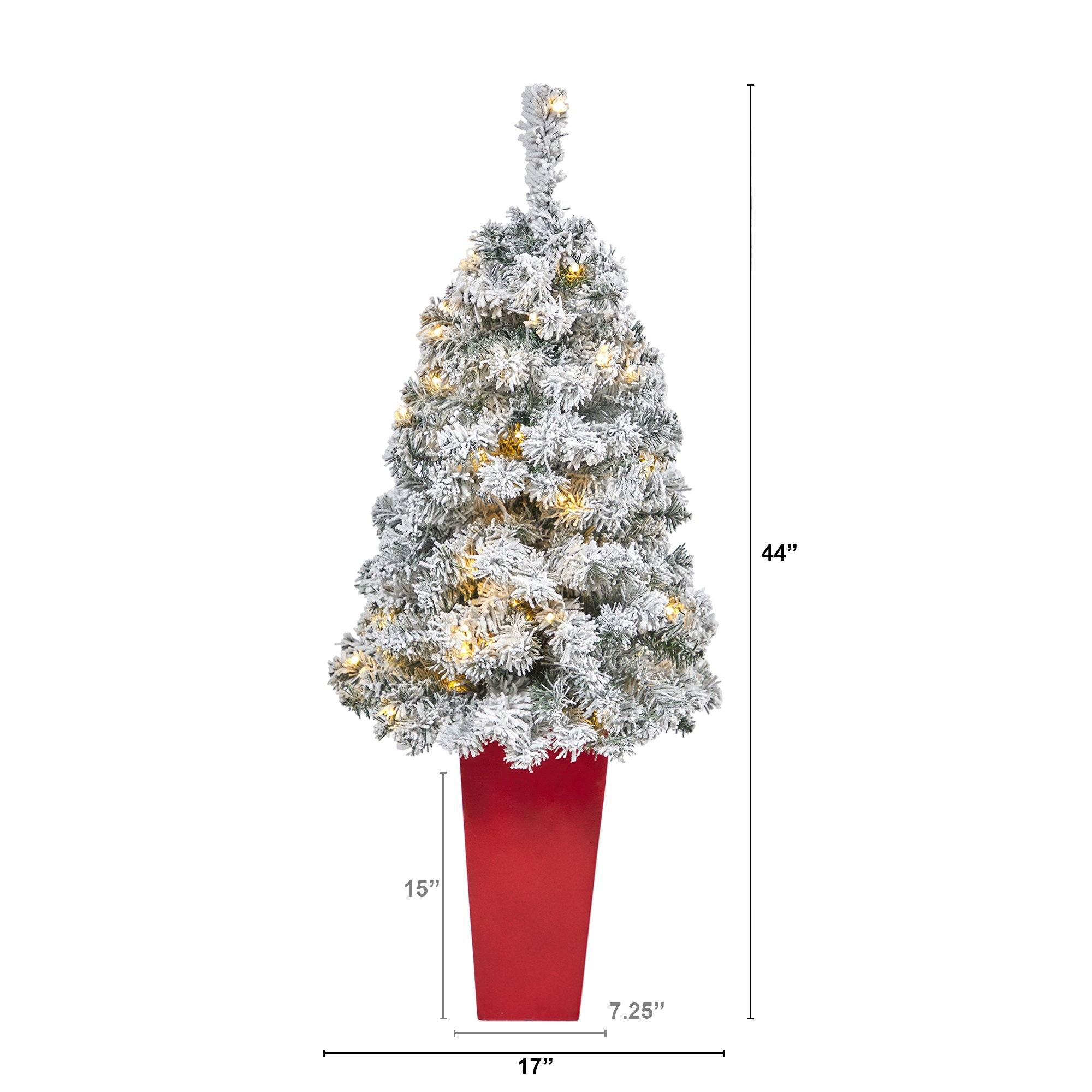 44” Flocked Rock Springs Spruce Artificial Christmas Tree with 50 Clear LED Lights in Red Tower Planter - Image 2