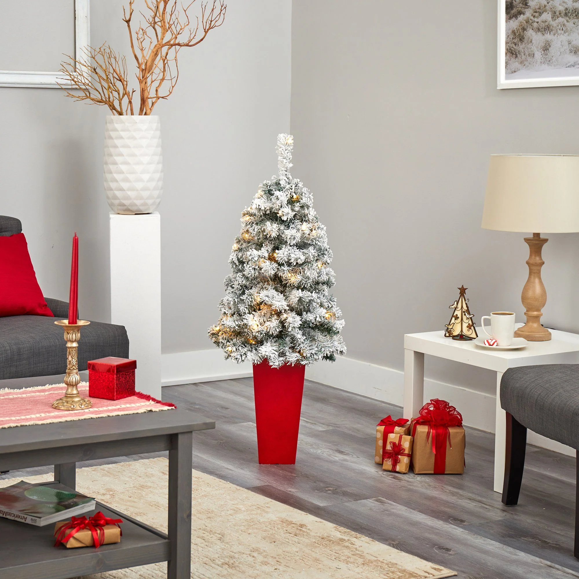 44” Flocked Rock Springs Spruce Artificial Christmas Tree with 50 Clear LED Lights in Red Tower Planter - Image 8