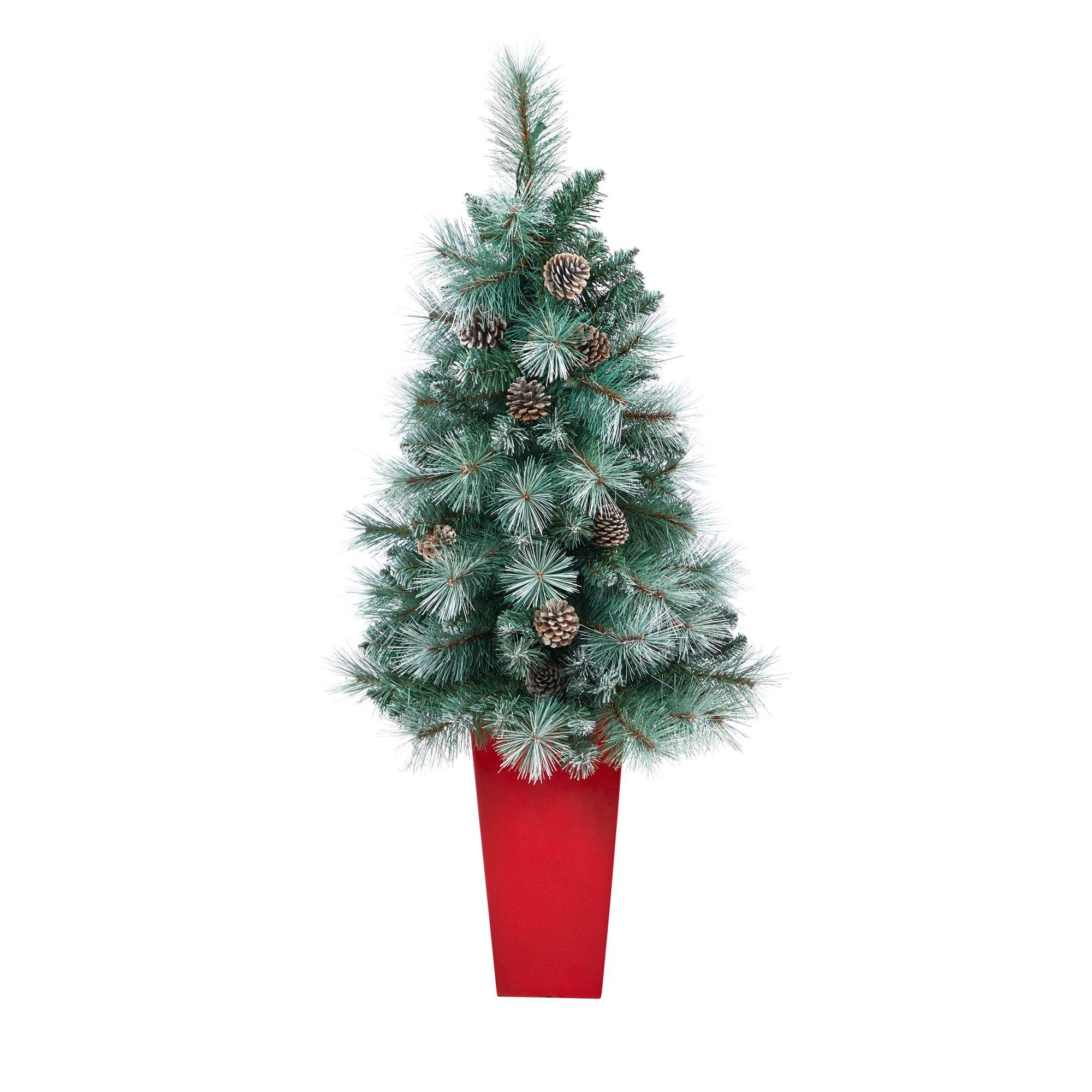 44” Frosted Tip British Columbia Mountain Pine Artificial Christmas Tree in Red Tower Planter - Image 3