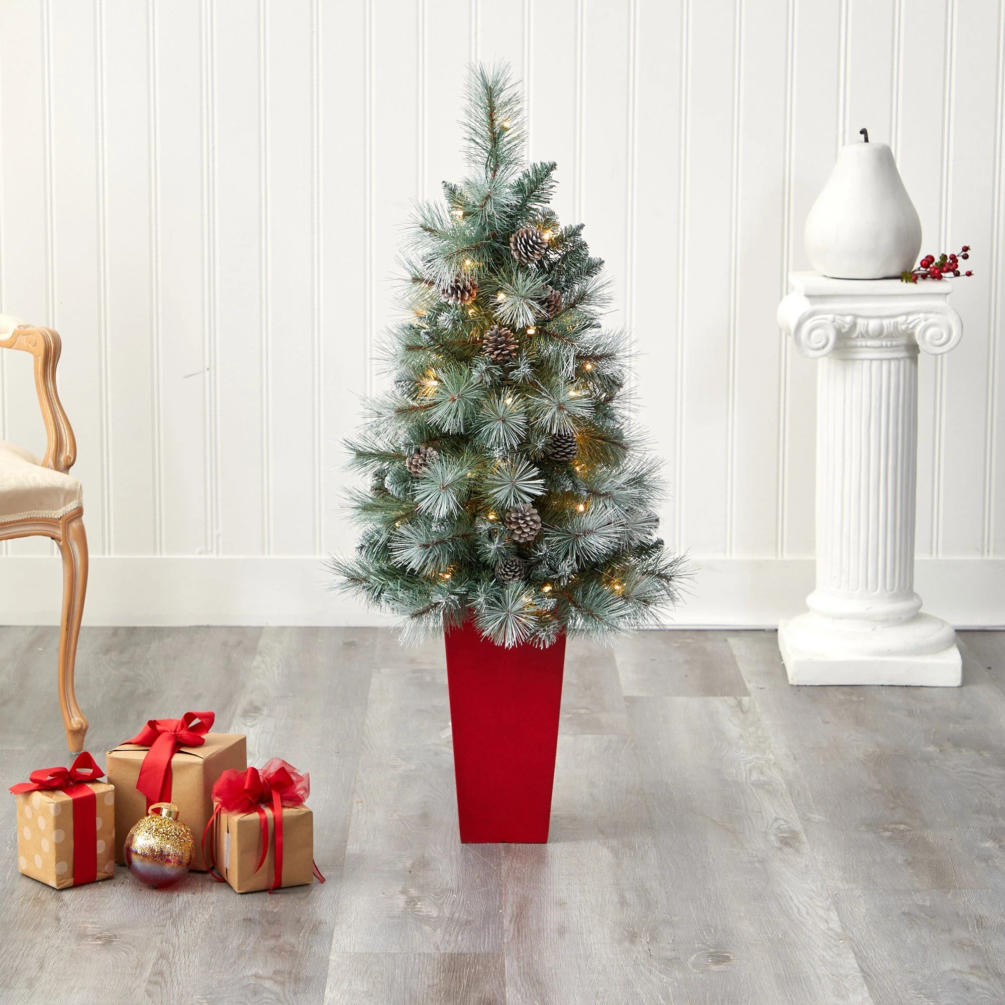 44” Frosted Tip British Columbia Mountain Pine Artificial Christmas Tree in Red Tower Planter - Image 7