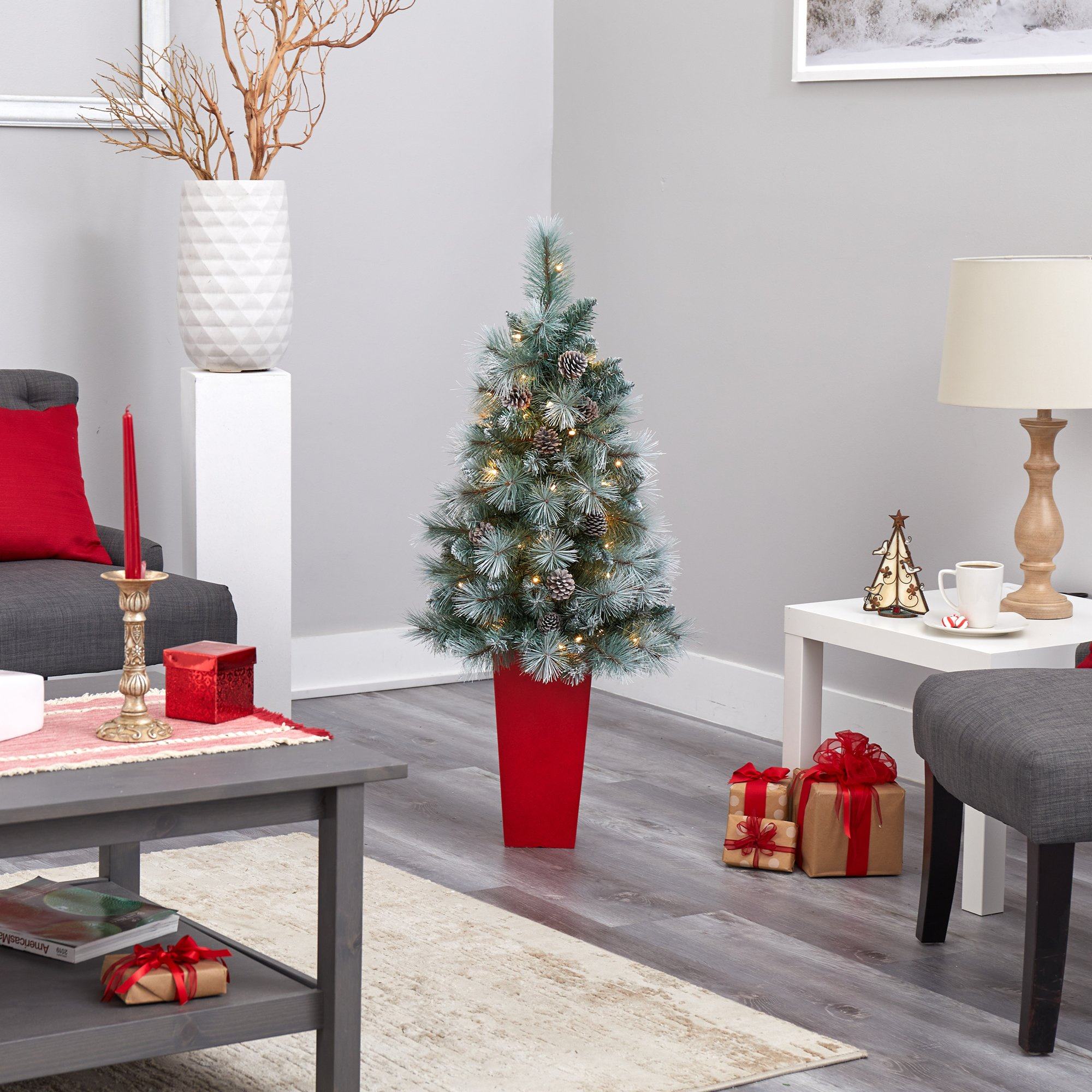 44” Frosted Tip British Columbia Mountain Pine Artificial Christmas Tree in Red Tower Planter - Image 8