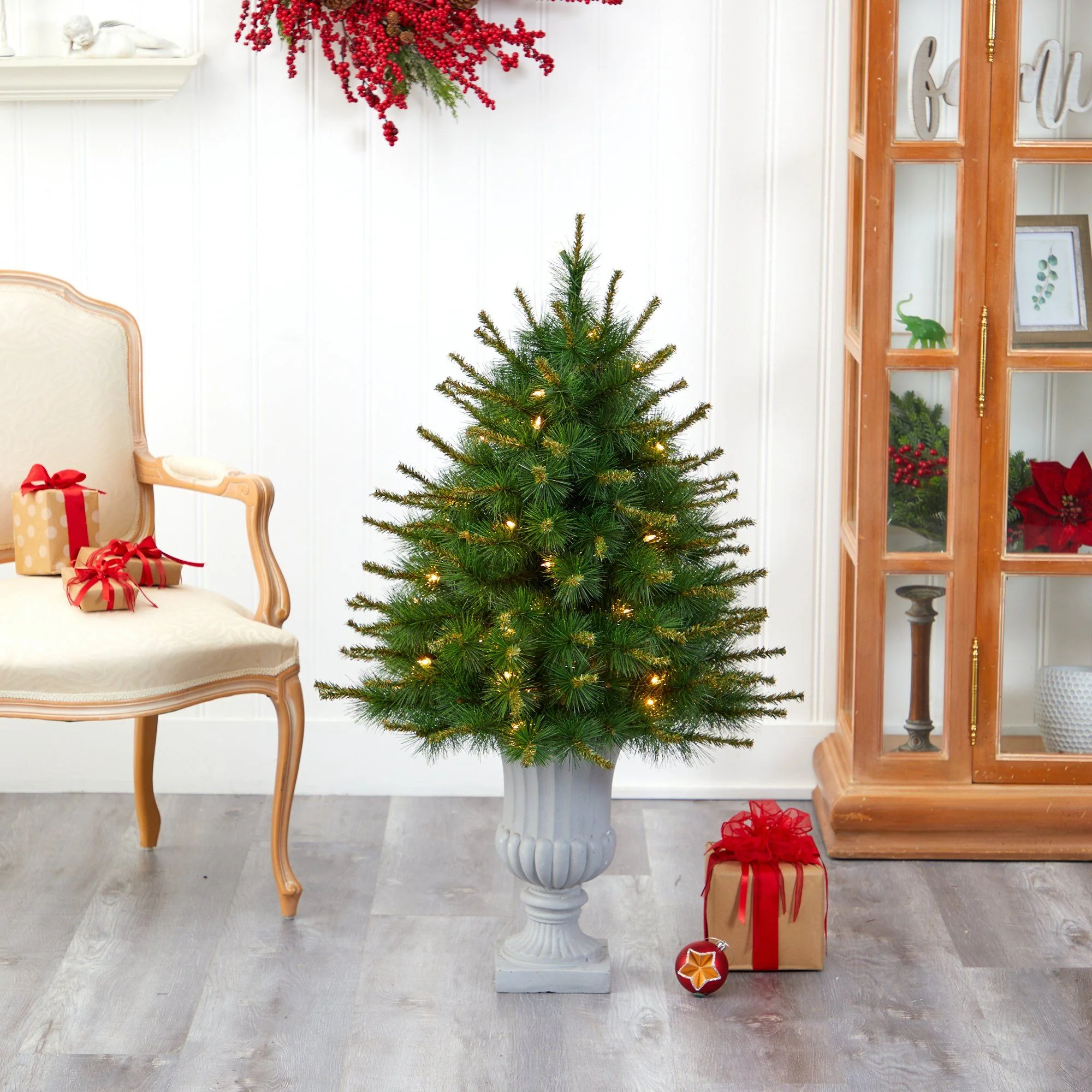 44” New England Pine Artificial Christmas Tree with 50 Clear Lights and 117 Bendable Branches in Decorative Urn - Image 7