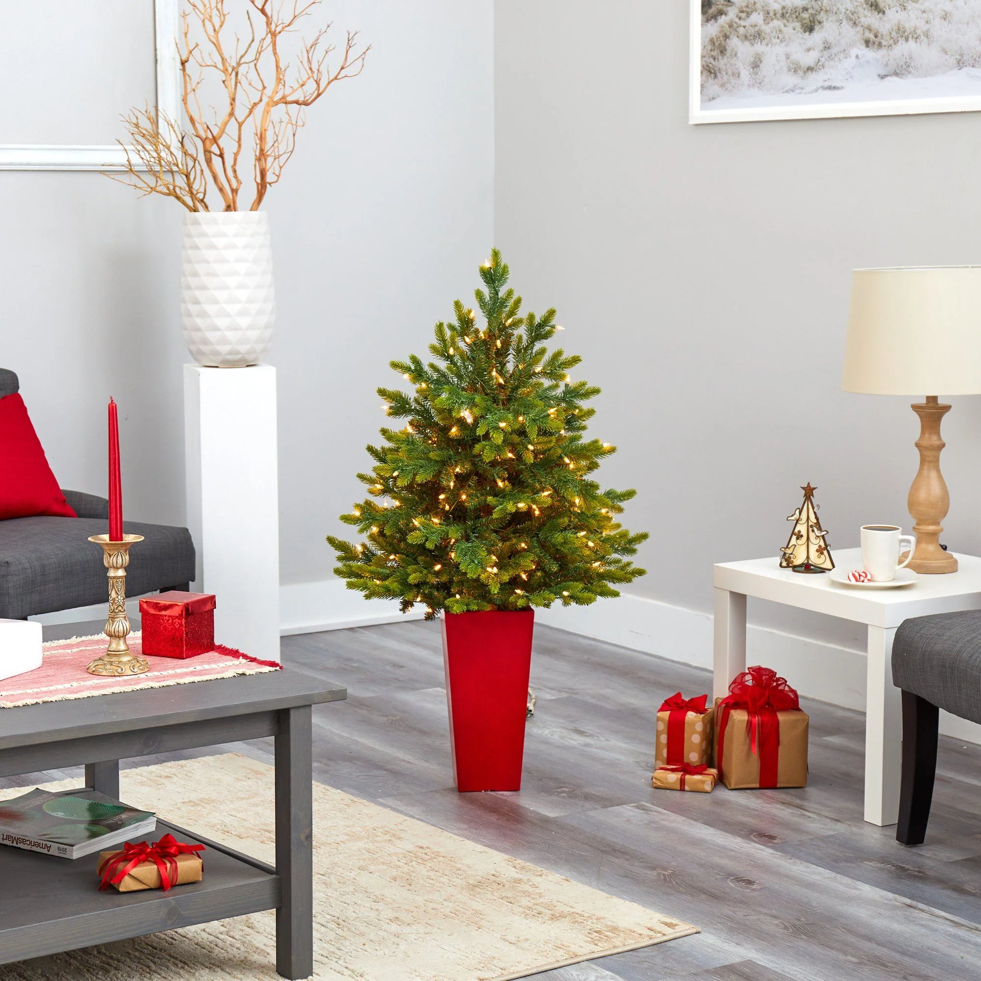 44” North Carolina Fir Artificial Christmas Tree with 150 Clear Lights and 563 Bendable Branches in Red Tower Planter - Image 8