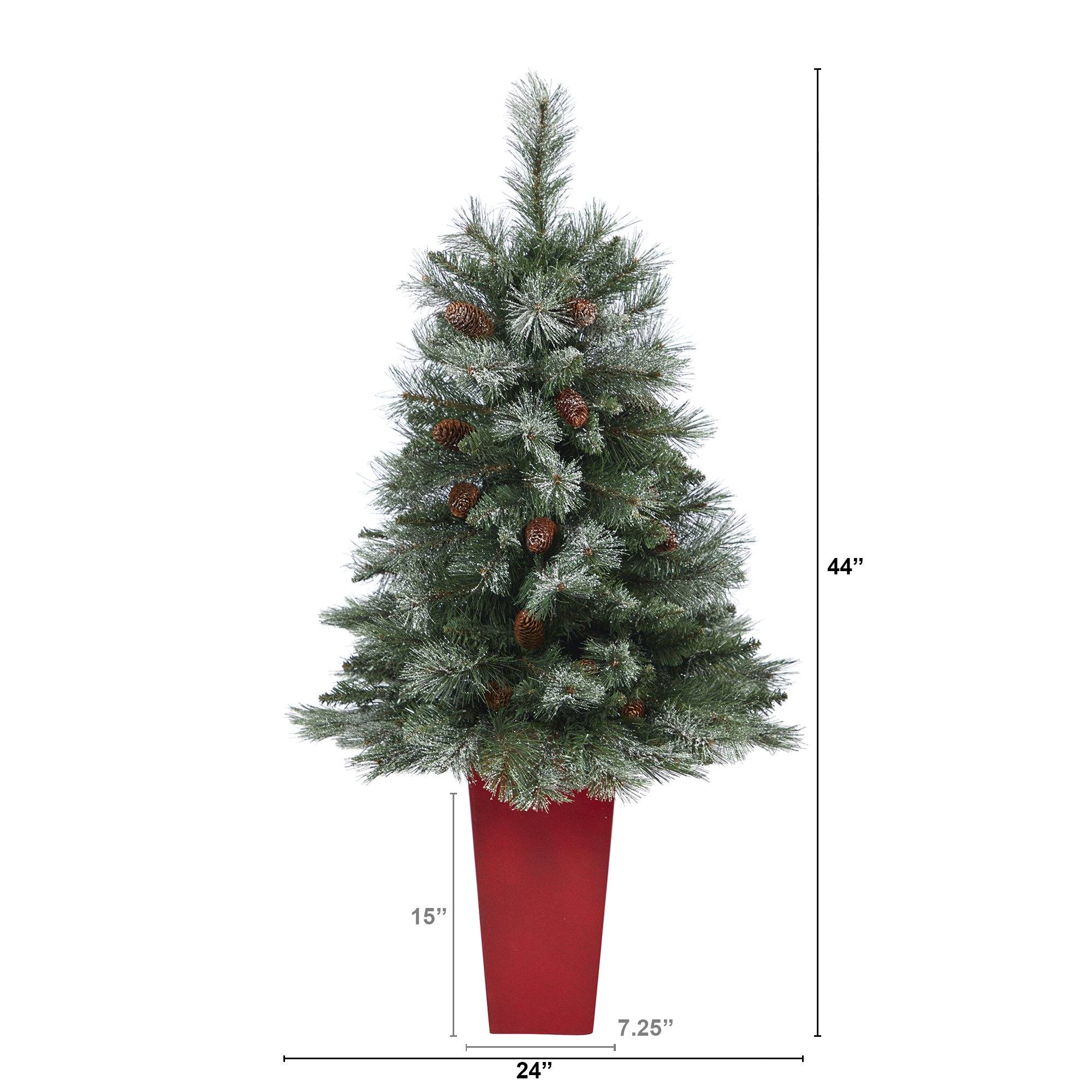 44” Snowed French Alps Mountain Pine Artificial Christmas Tree with 135 Bendable Branches and Pine Cones in Red Planter - Image 2