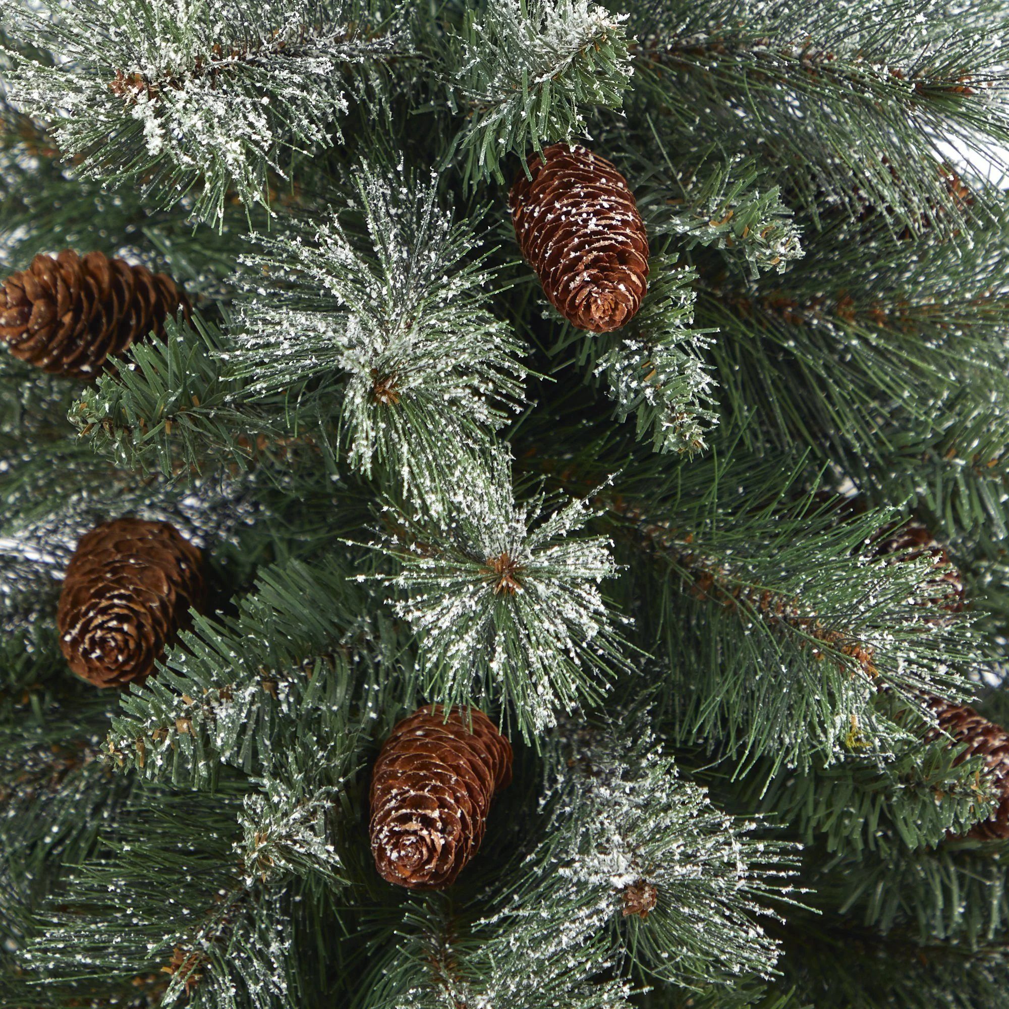 44” Snowed French Alps Mountain Pine Artificial Christmas Tree with 135 Bendable Branches and Pine Cones in Red Planter - Image 3
