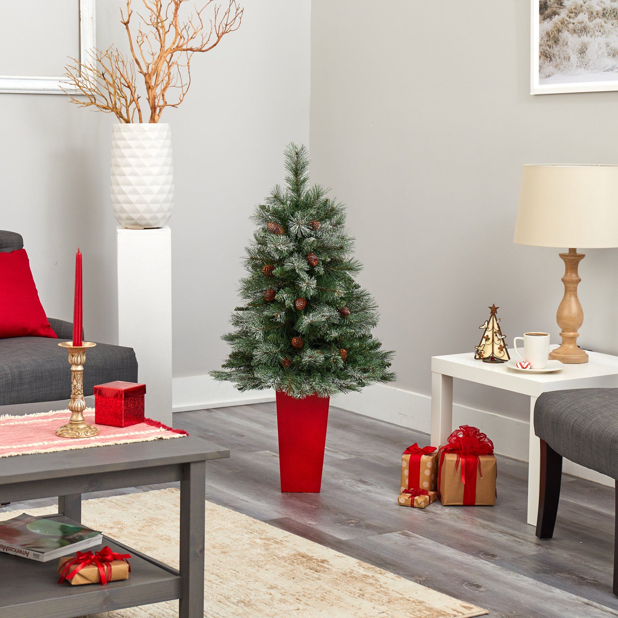 44” Snowed French Alps Mountain Pine Artificial Christmas Tree with 135 Bendable Branches and Pine Cones in Red Planter - Image 6