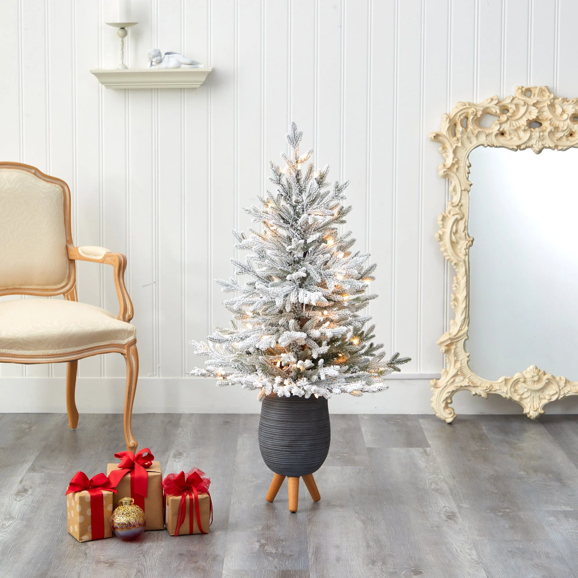 45” Flocked Fraser Fir Artificial Christmas Tree with 200 Warm White Lights and 481 Bendable Branches in Gray Planter with Stand - Image 7
