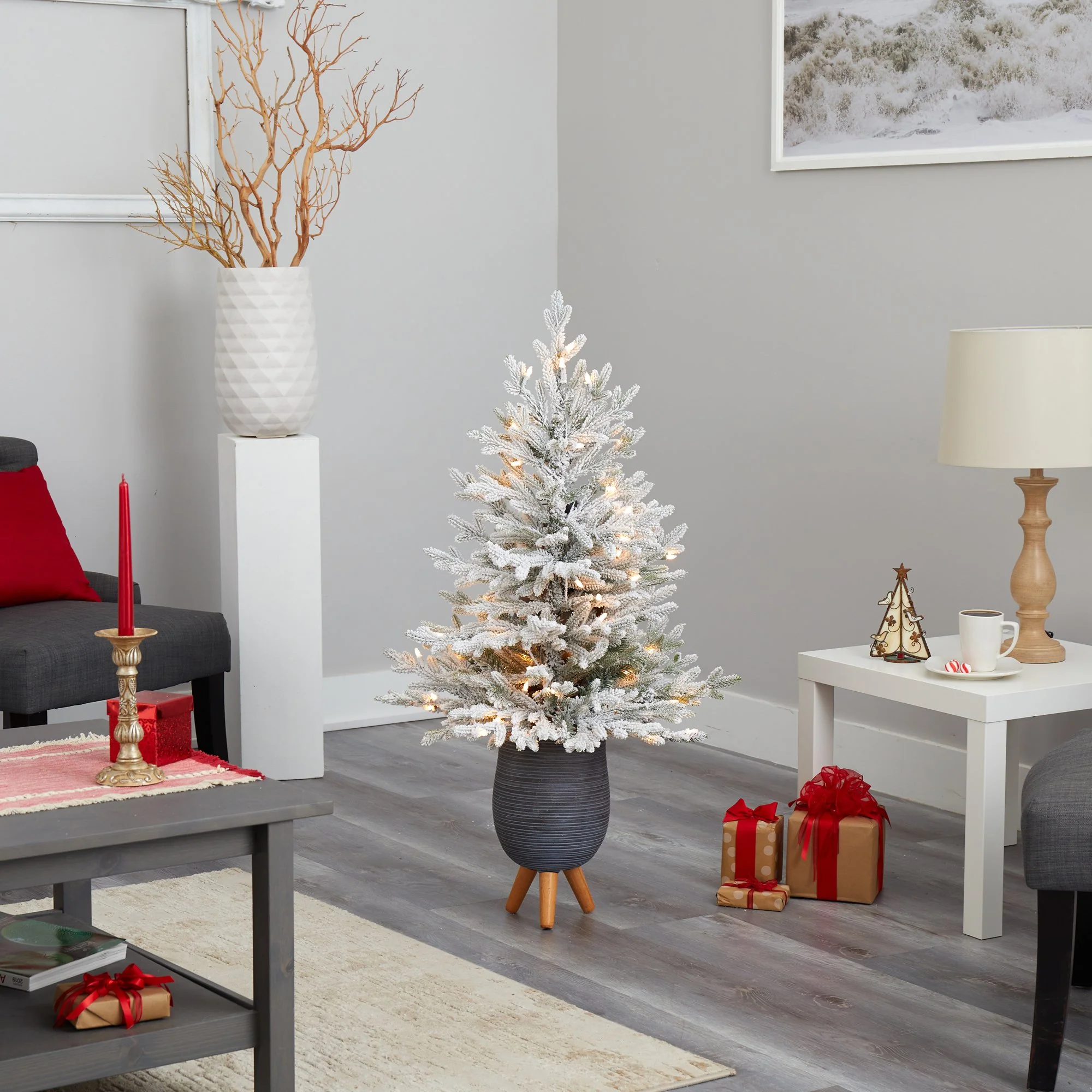 45” Flocked Fraser Fir Artificial Christmas Tree with 200 Warm White Lights and 481 Bendable Branches in Gray Planter with Stand - Image 8