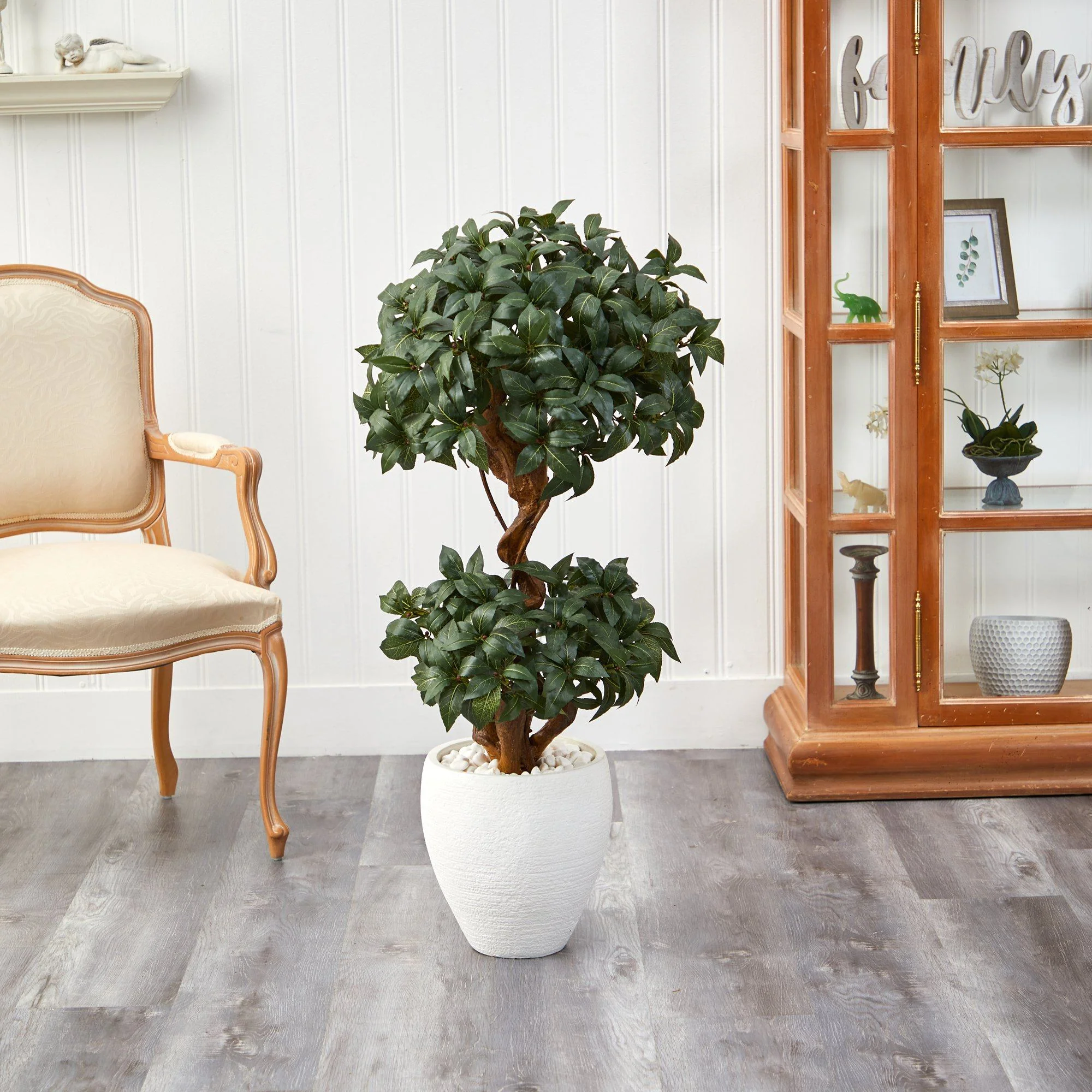 45” Sweet Bay Double Ball Topiary Artificial Tree in White Planter - Image 3