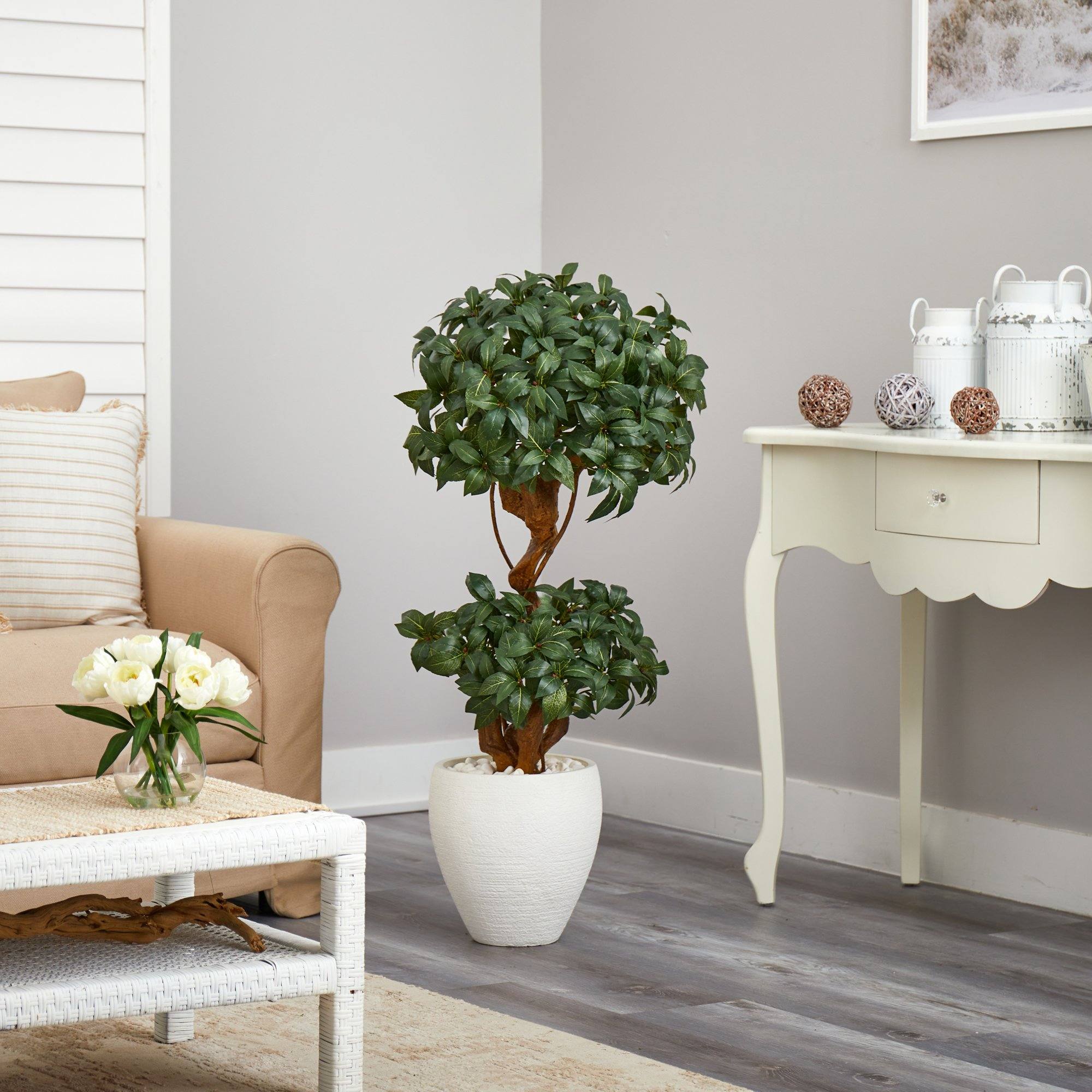 45” Sweet Bay Double Ball Topiary Artificial Tree in White Planter - Image 4