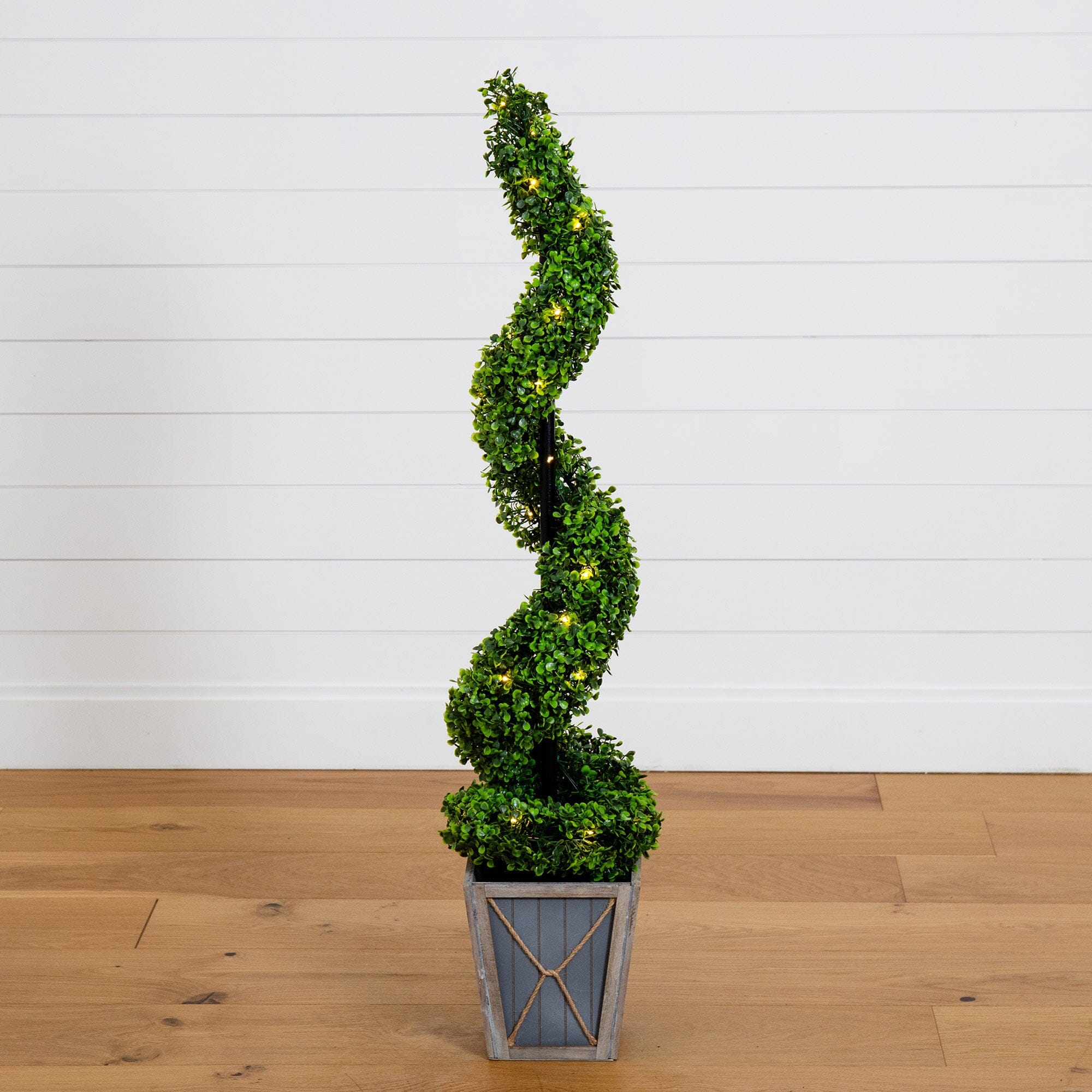 45” UV Resistant Artificial Boxwood Spiral Topiary Tree with LED Lights in Decorative Planter (Indoor/Outdoor) - Image 3