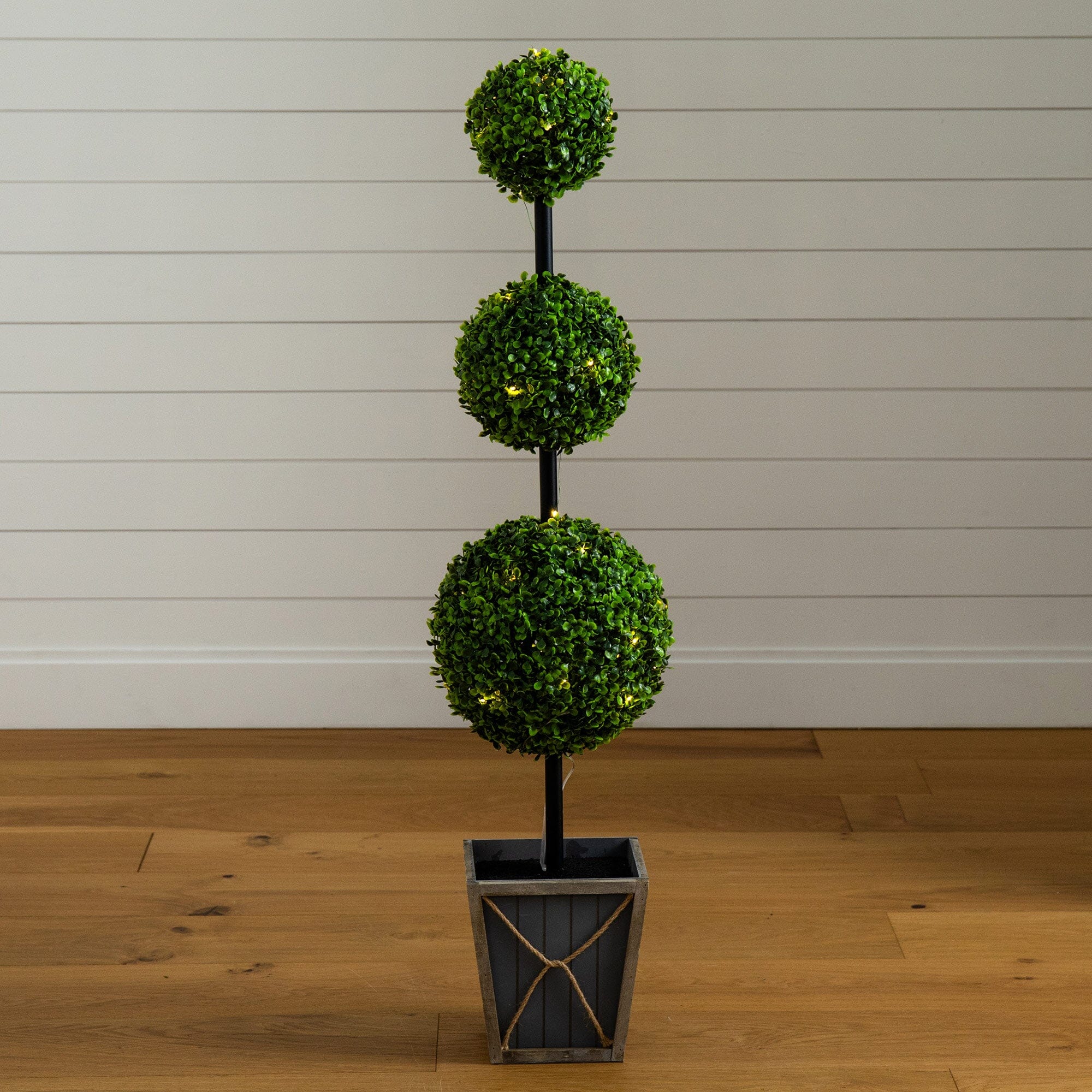 45" UV Resistant Artificial Triple Ball Boxwood Topiary with LED Lights in Decorative Planter (Indoor/Outdoor) - Image 5