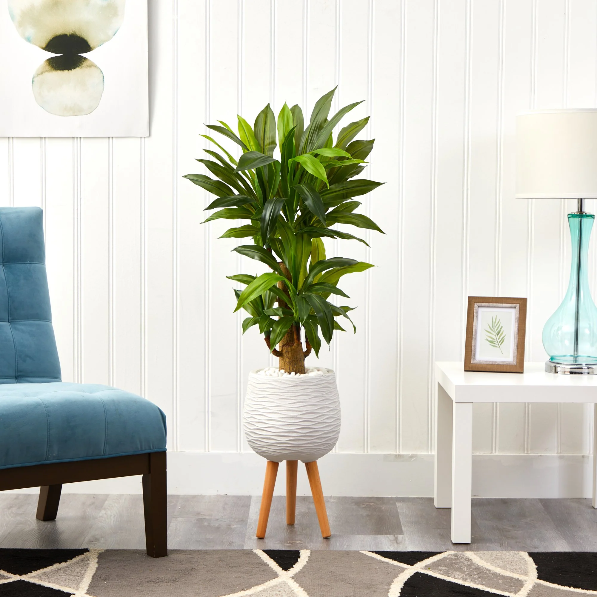 46” Corn Stalk Dracaena Artificial Plant in White Planter with Stand (Real Touch) - Image 3