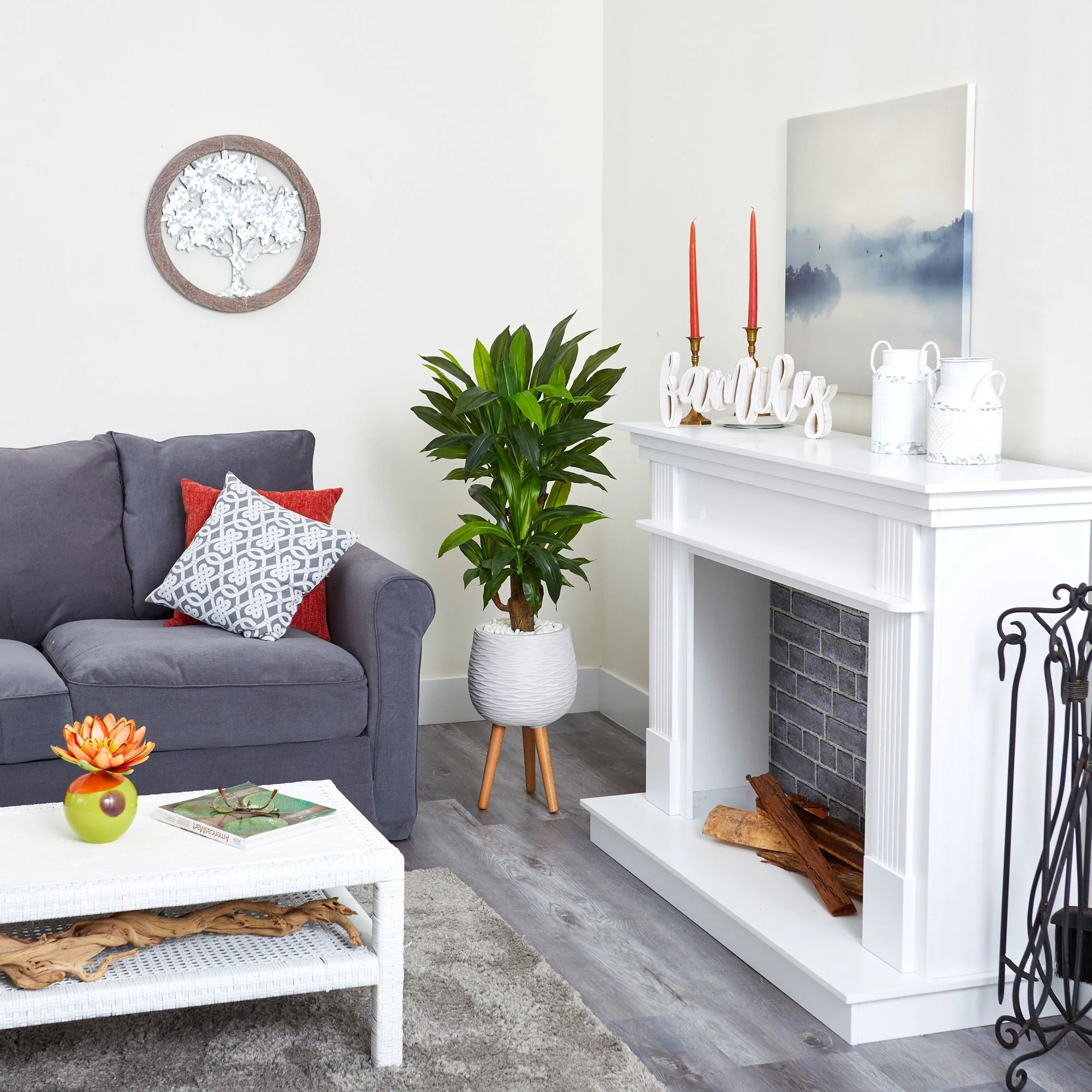 46” Corn Stalk Dracaena Artificial Plant in White Planter with Stand (Real Touch) - Image 4