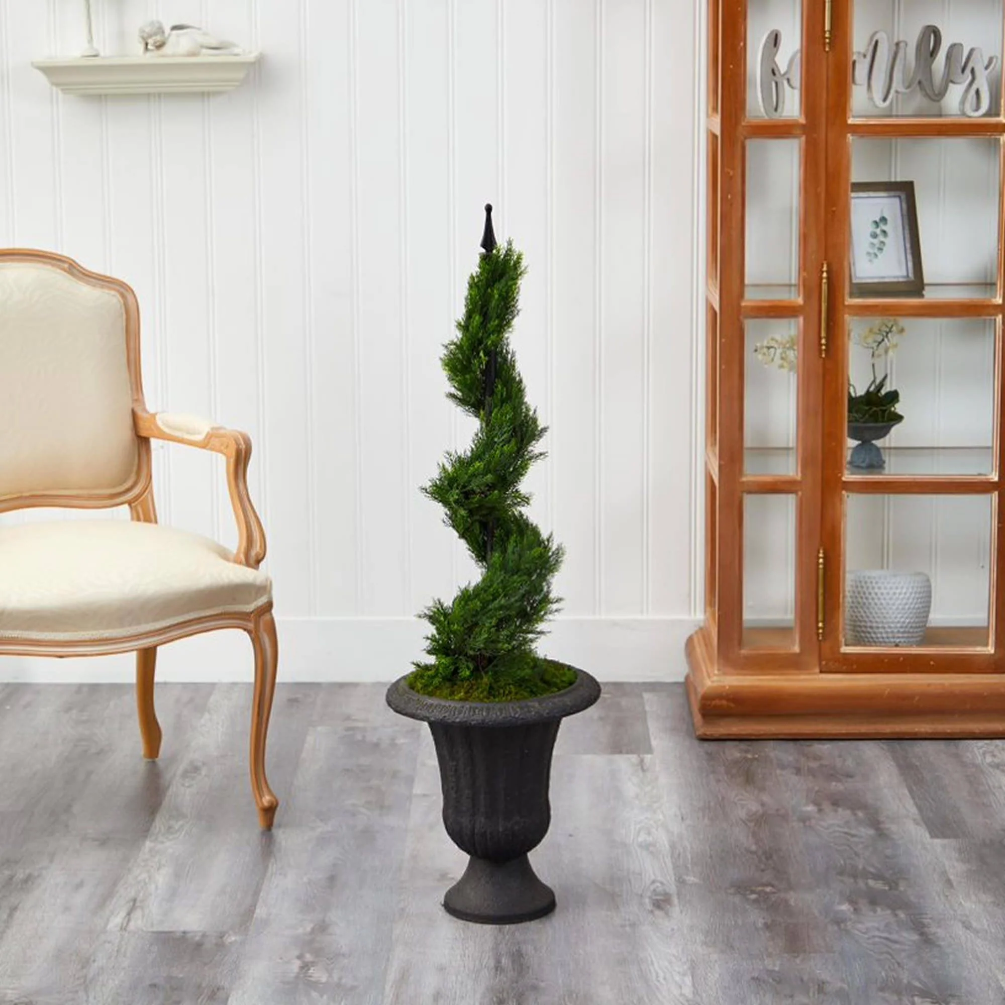 46” Cypress Spiral Topiary Artificial Tree in Charcoal Urn - Image 3