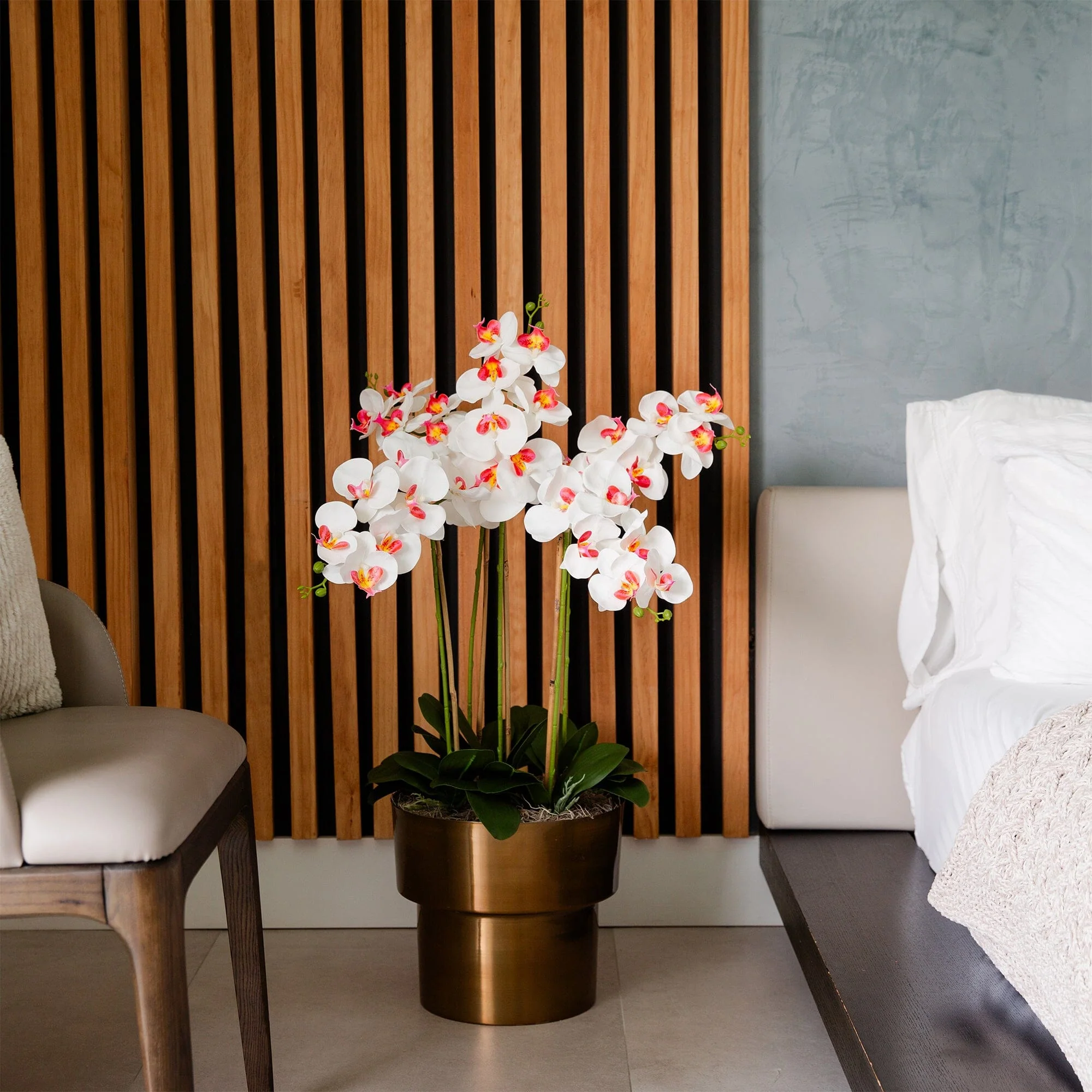 48” Artificial Orchid Arrangement in Brass Metal Planter with Stand - Image 4