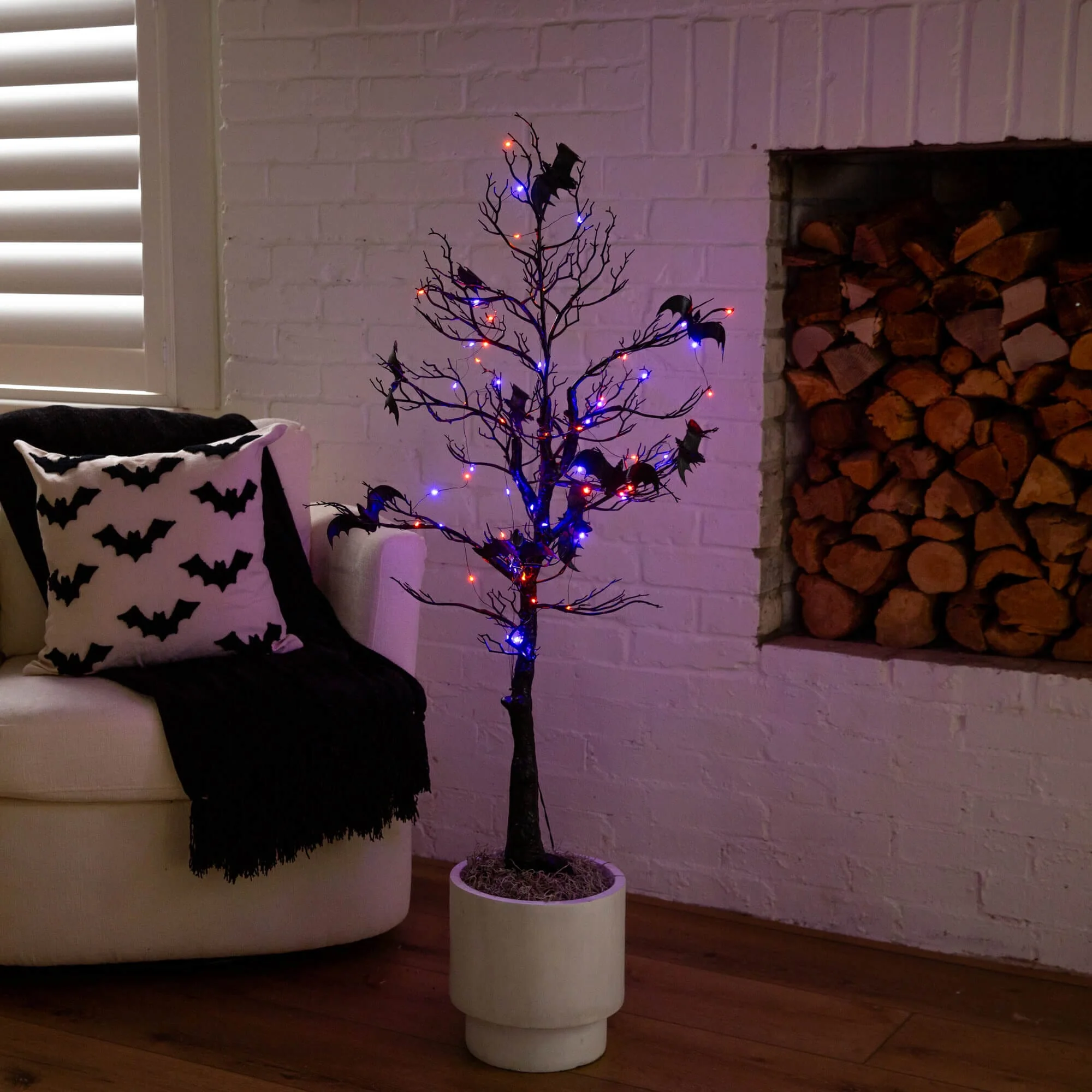 4' Pre-Lit Artificial Halloween Black Spooky Twig Tree with Bats and 120 Orange & Purple LED Lights - Image 3