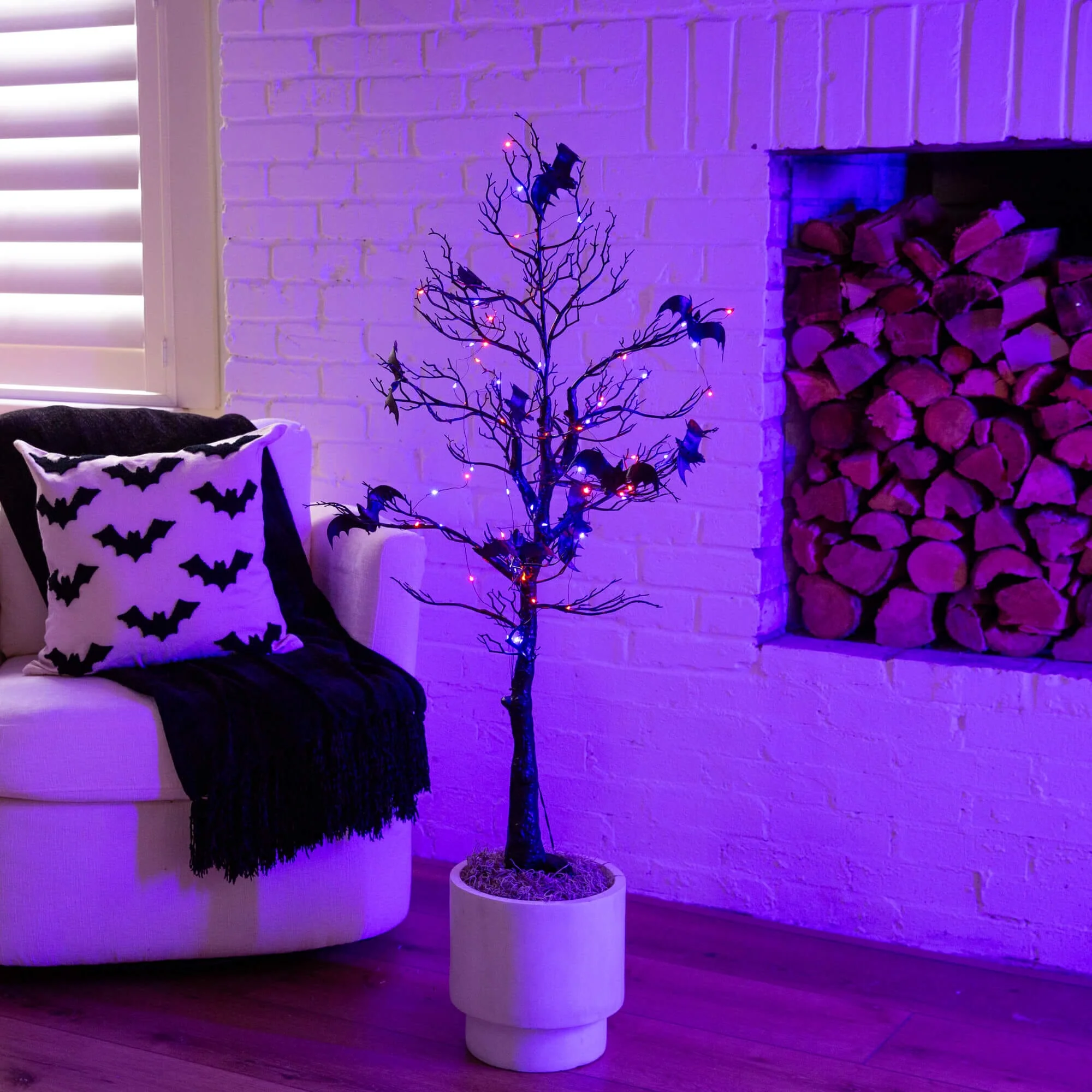 4' Pre-Lit Artificial Halloween Black Spooky Twig Tree with Bats and 120 Orange & Purple LED Lights - Image 4