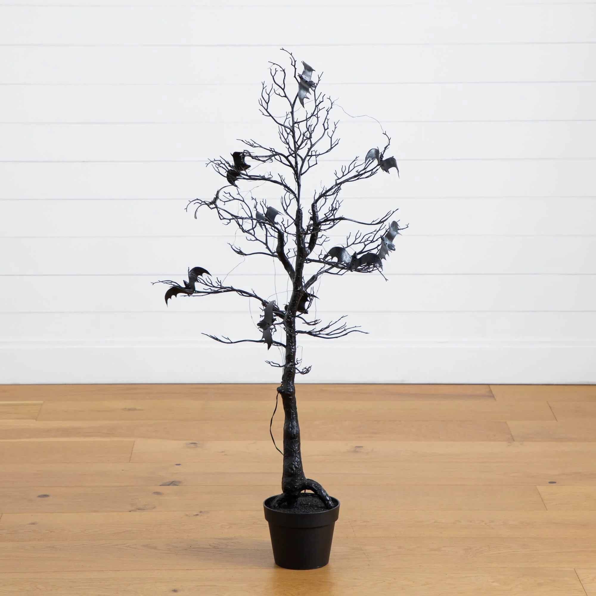 4' Pre-Lit Artificial Halloween Black Spooky Twig Tree with Bats and 120 Orange & Purple LED Lights - Image 6